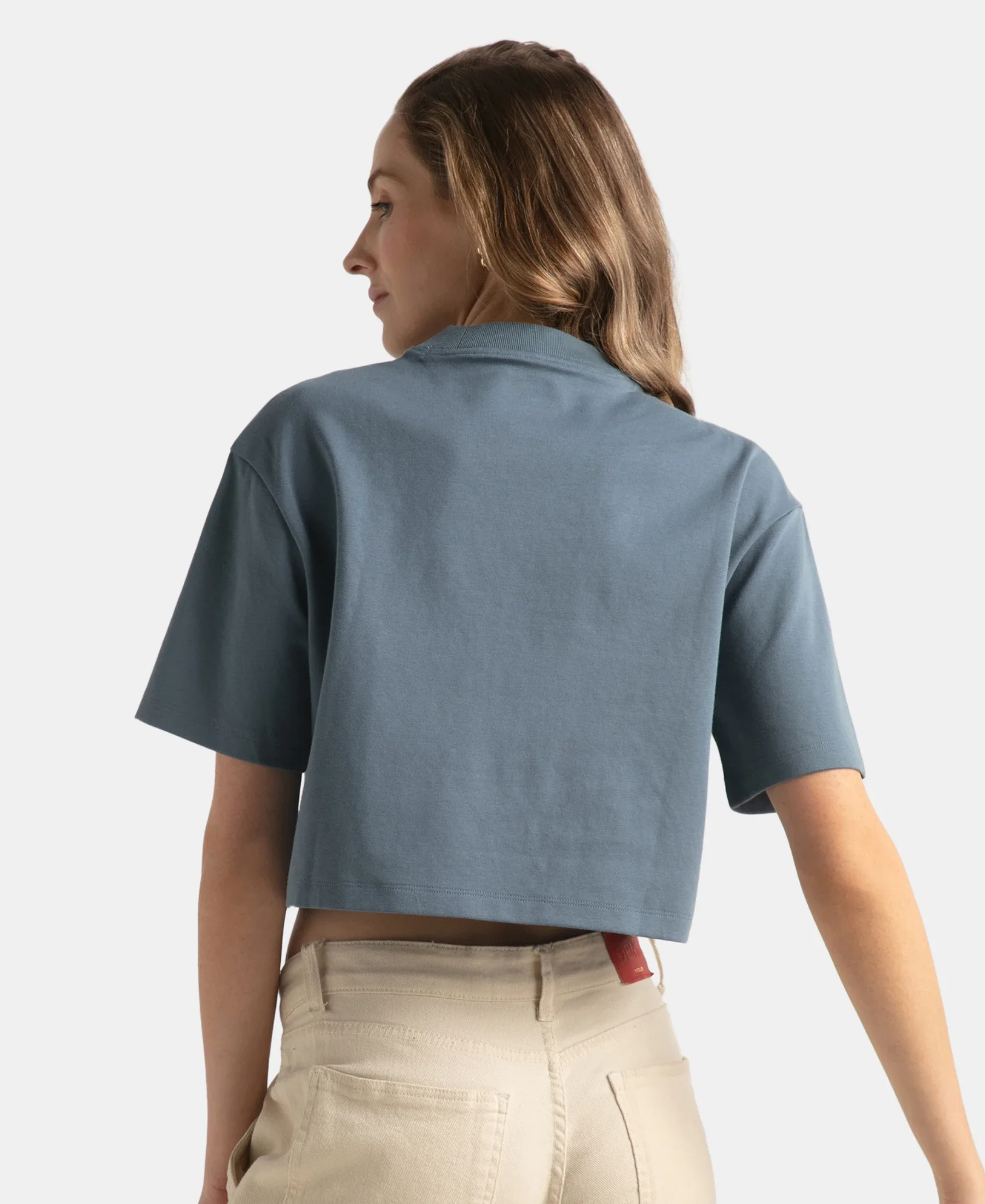 Super Combed Cotton Rich Elastane Stretch Oversized Boxy Fit Crop Top - Blue Mirage - Image 2