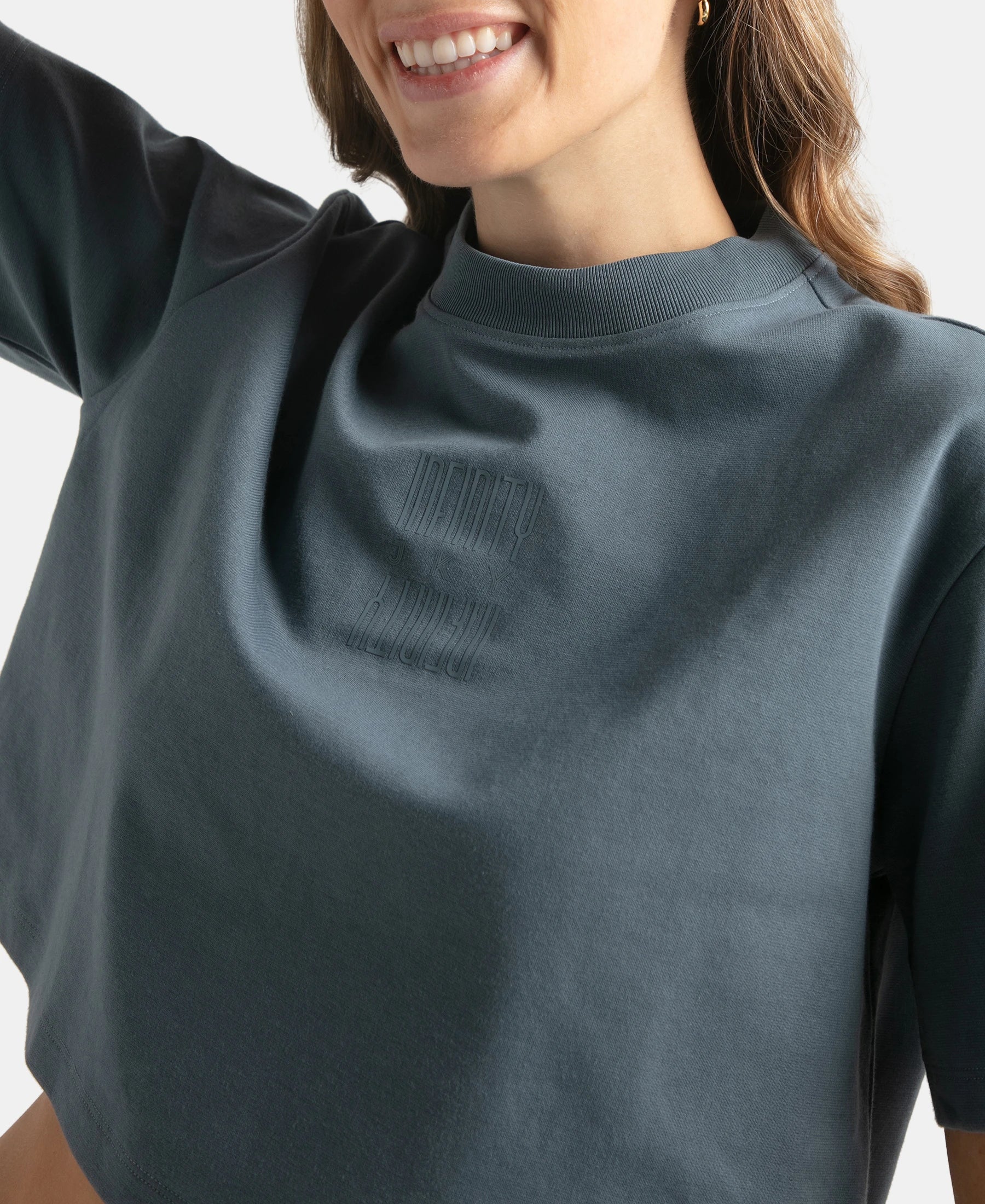 Super Combed Cotton Rich Elastane Stretch Oversized Boxy Fit Crop Top - Blue Mirage - Image 7