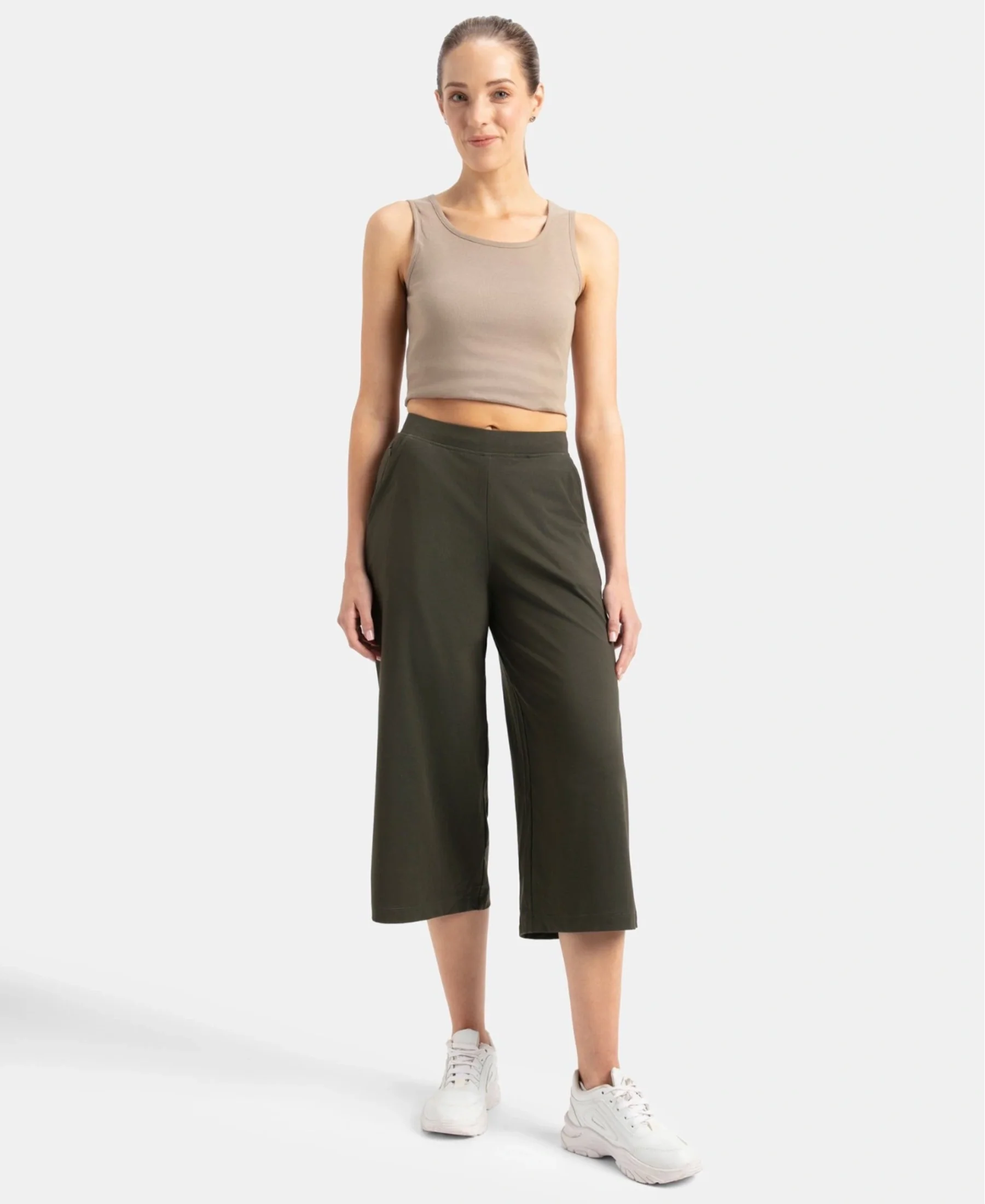 Super Combed Cotton Rich Elastane Stretch Relaxed Fit Culottes - Olive - Image 4