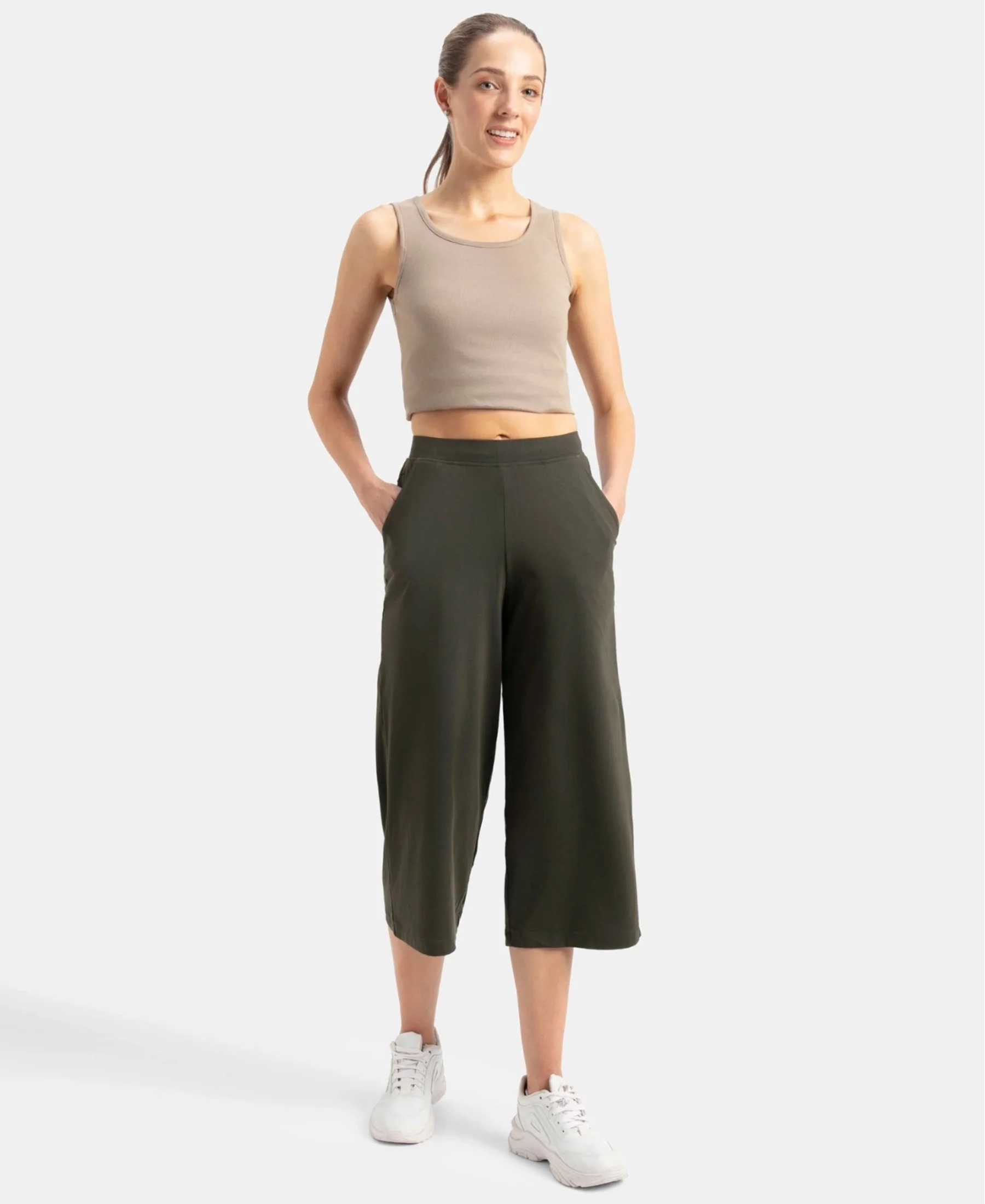 Super Combed Cotton Rich Elastane Stretch Relaxed Fit Culottes - Olive - Image 6