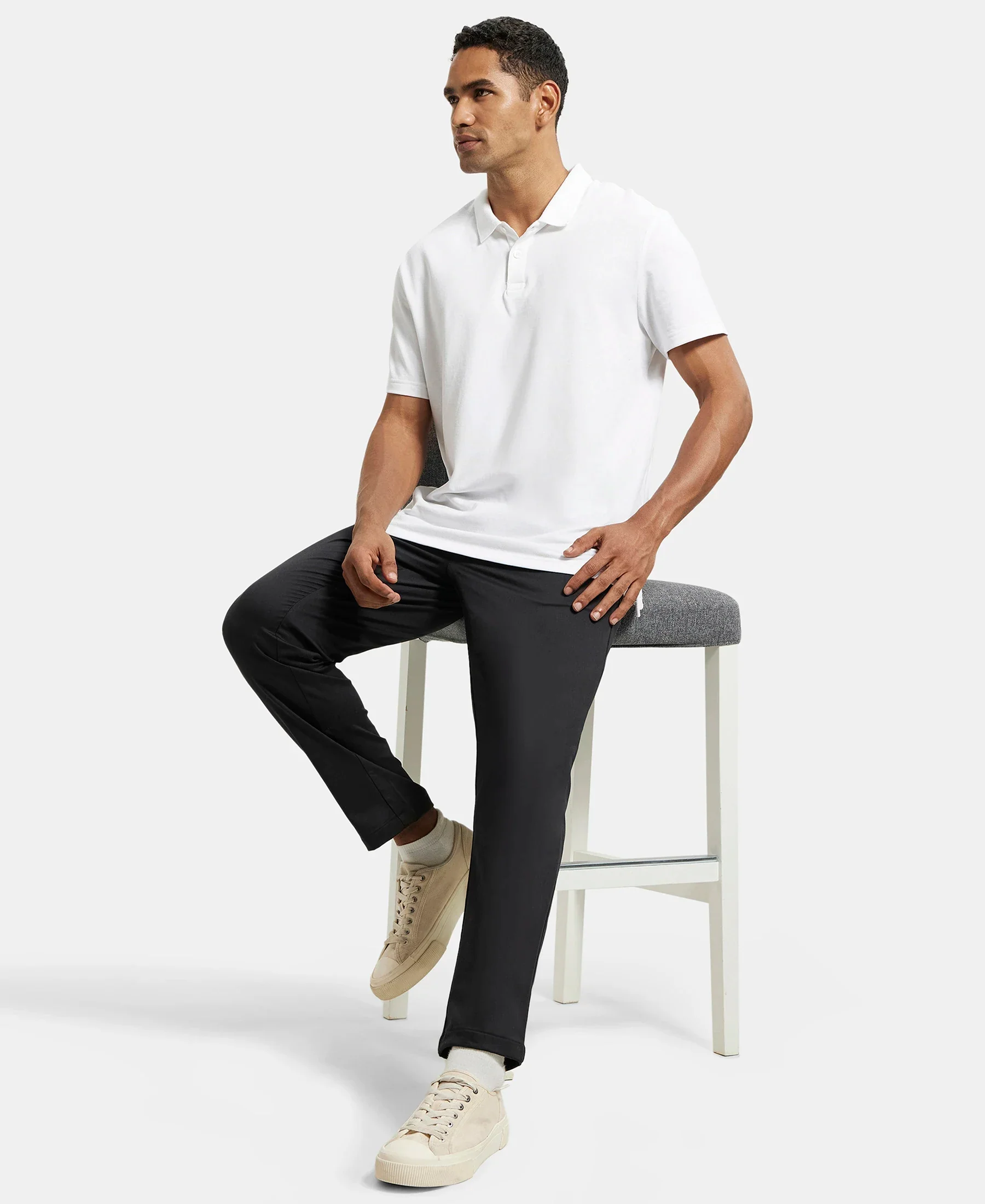Super Combed Cotton Rich Elastane Stretch Woven Fabric Slim Fit All Day Pants - Black - Image 6