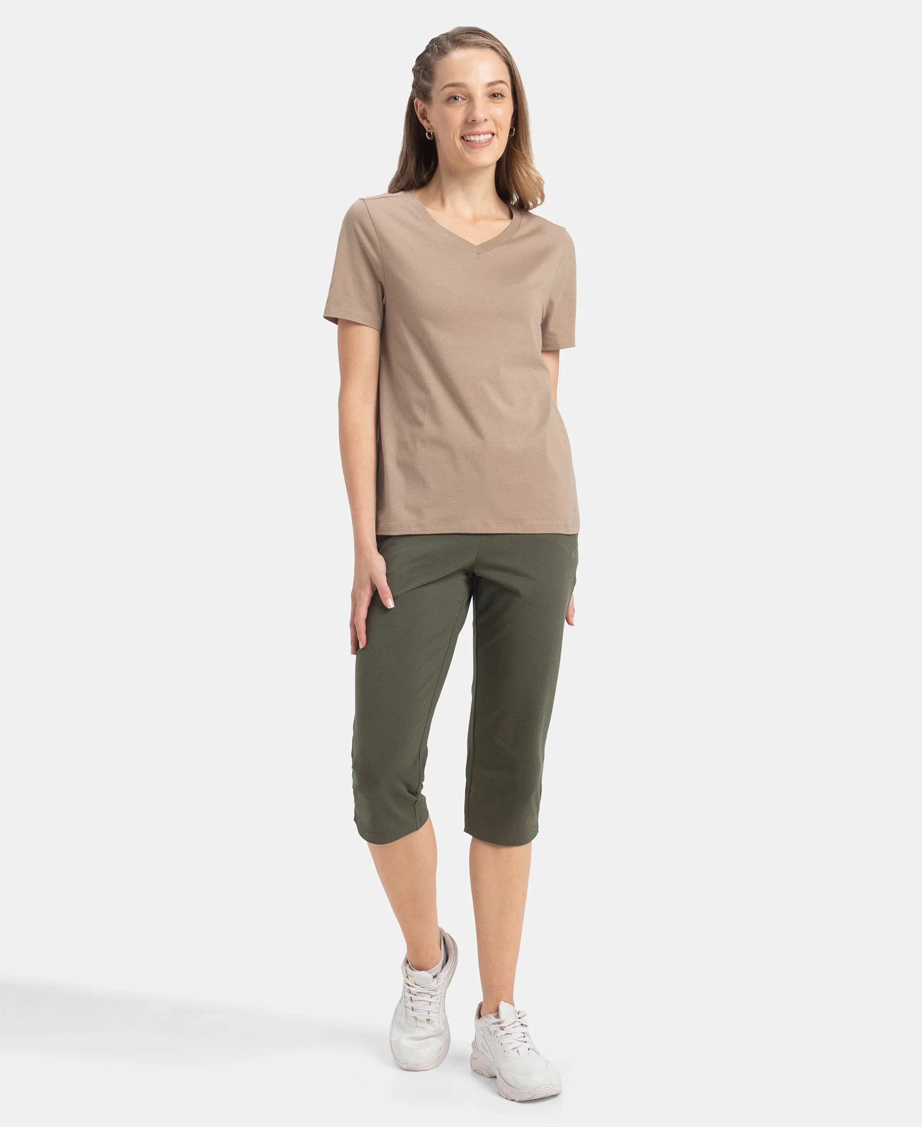 Super Combed Cotton Rich Fabric Relaxed Fit V-Neck Half Sleeve T-Shirt - Desert Taupe - Image 4