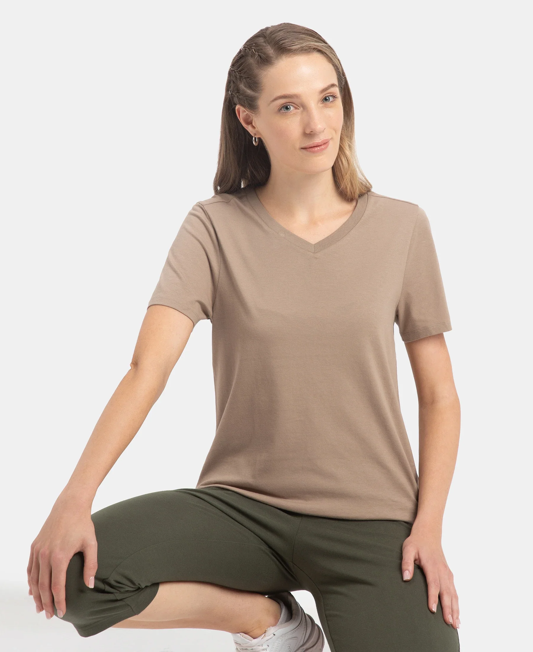 Super Combed Cotton Rich Fabric Relaxed Fit V-Neck Half Sleeve T-Shirt - Desert Taupe - Image 5