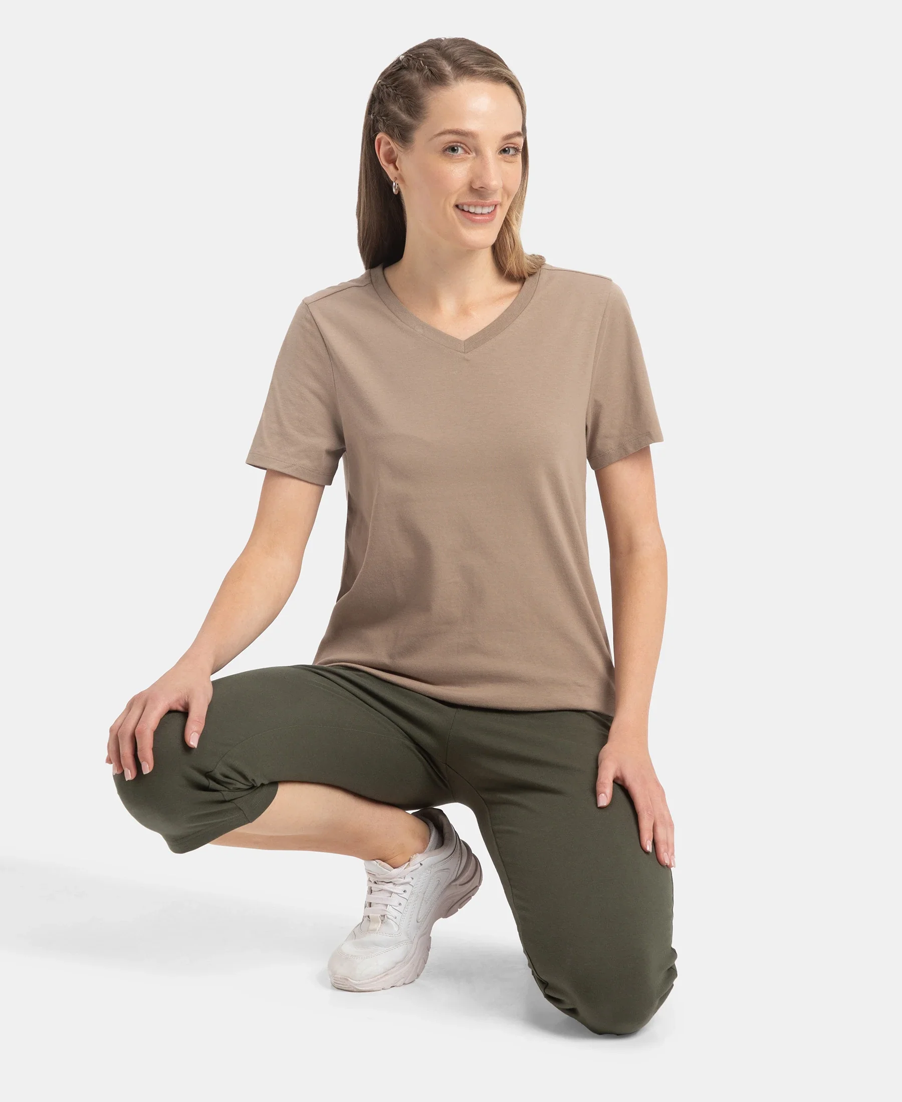 Super Combed Cotton Rich Fabric Relaxed Fit V-Neck Half Sleeve T-Shirt - Desert Taupe - Image 6