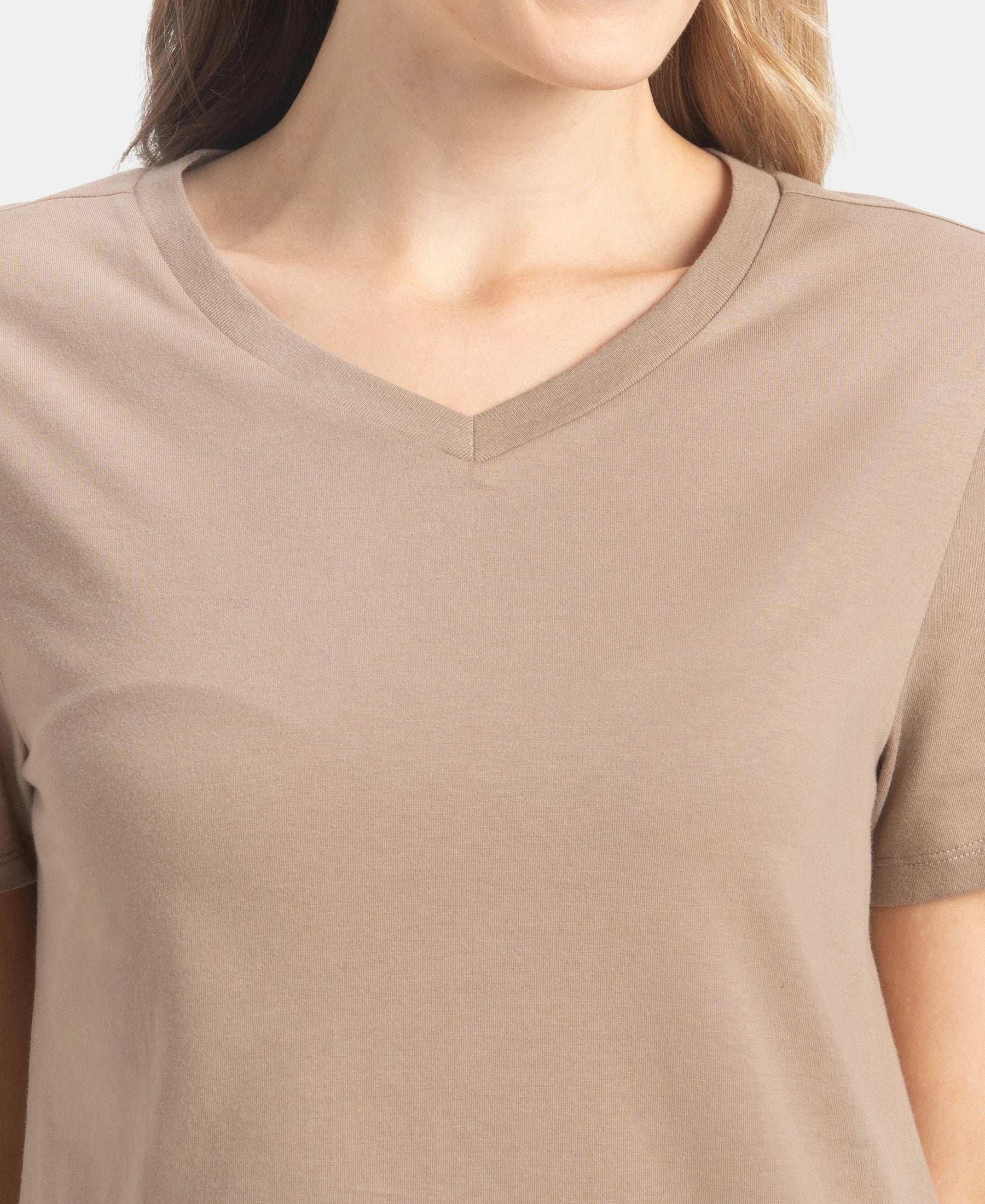 Super Combed Cotton Rich Fabric Relaxed Fit V-Neck Half Sleeve T-Shirt - Desert Taupe - Image 7