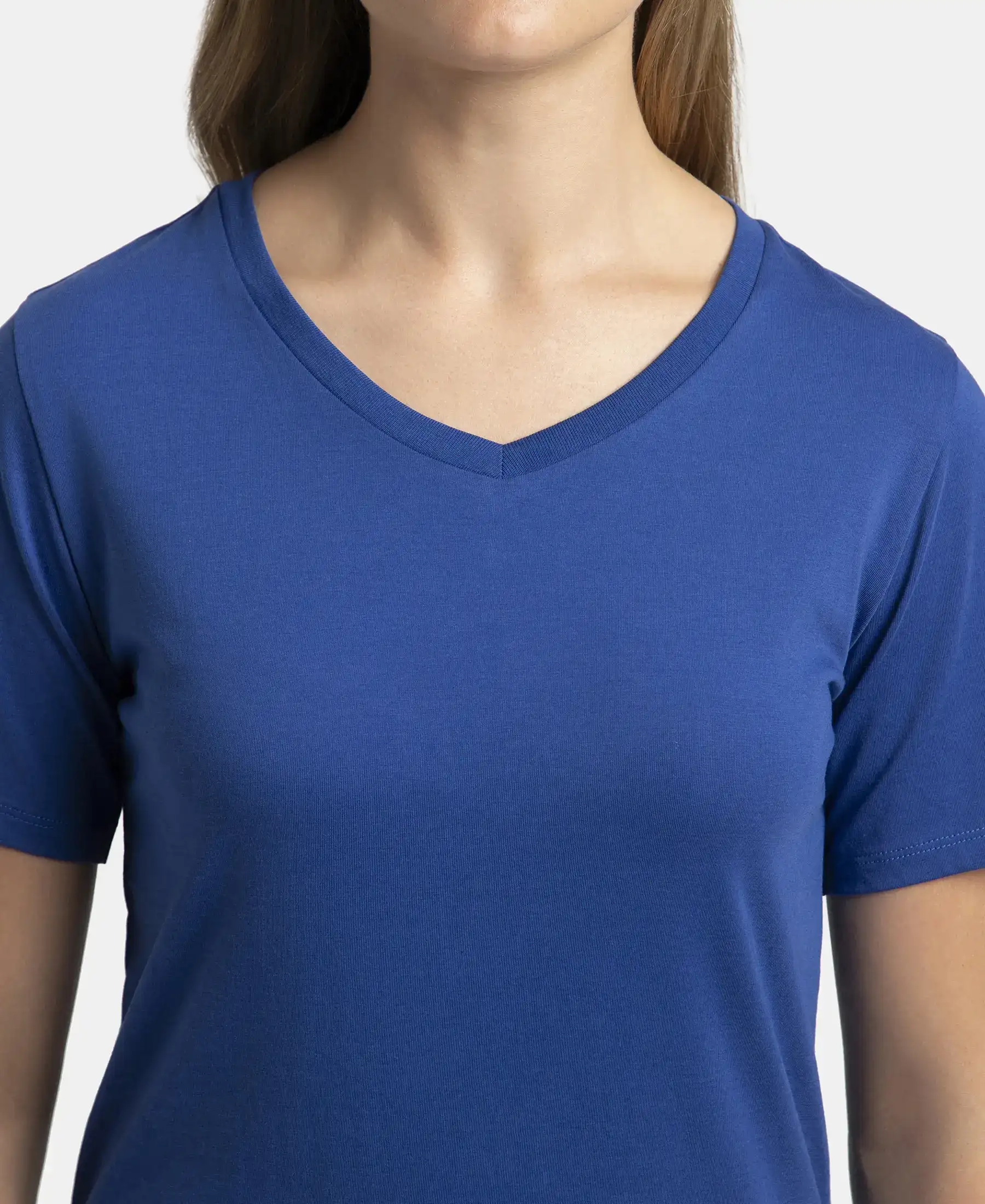 Super Combed Cotton Rich Fabric Relaxed Fit V-Neck Half Sleeve T-Shirt - Mazarine Blue - Image 6
