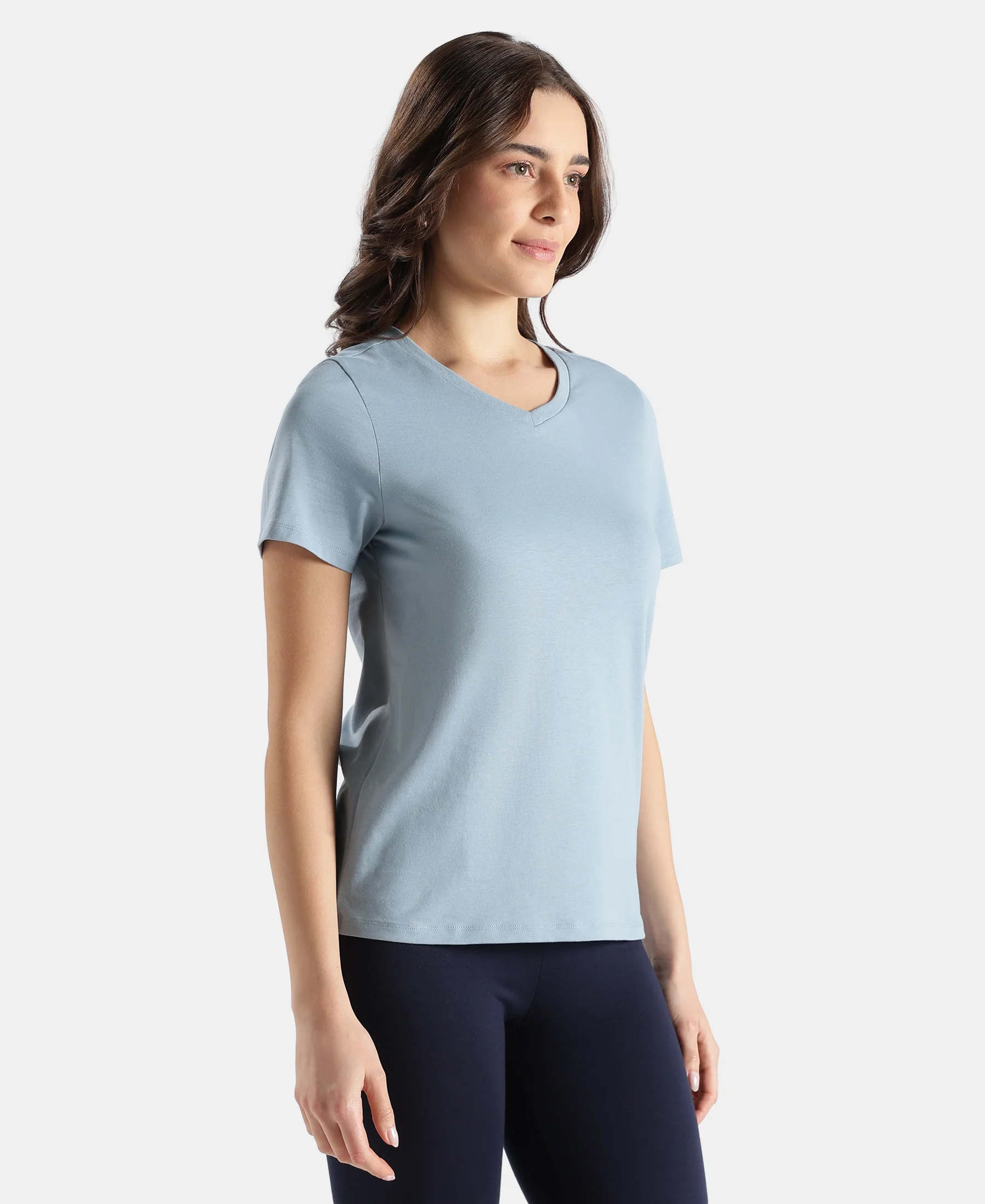 Super Combed Cotton Rich Fabric Relaxed Fit V-Neck Half Sleeve T-Shirt - Mountain Spring - Image 2