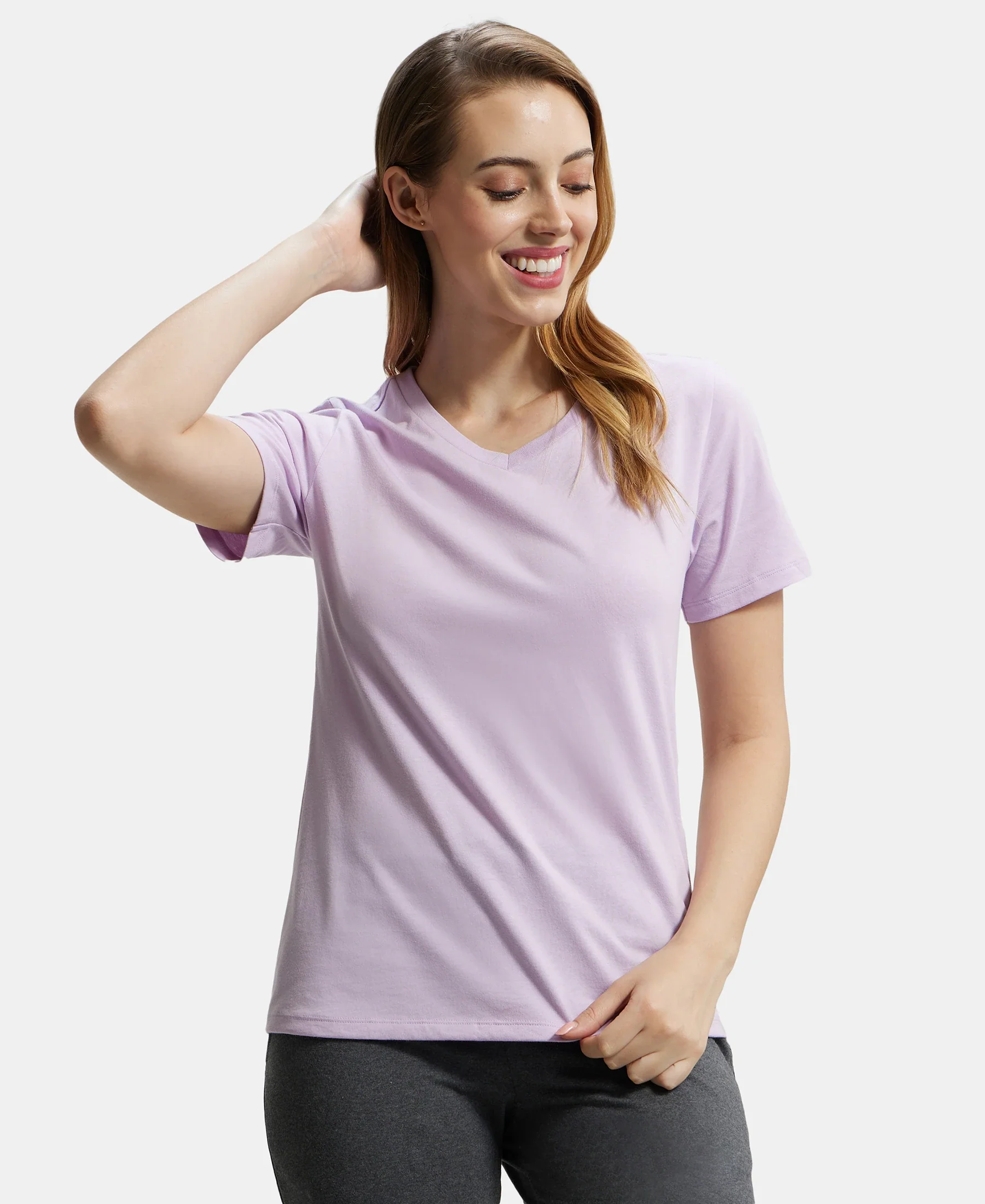 Super Combed Cotton Rich Fabric Relaxed Fit V-Neck Half Sleeve T-Shirt - Orchid Bloom - Image 5