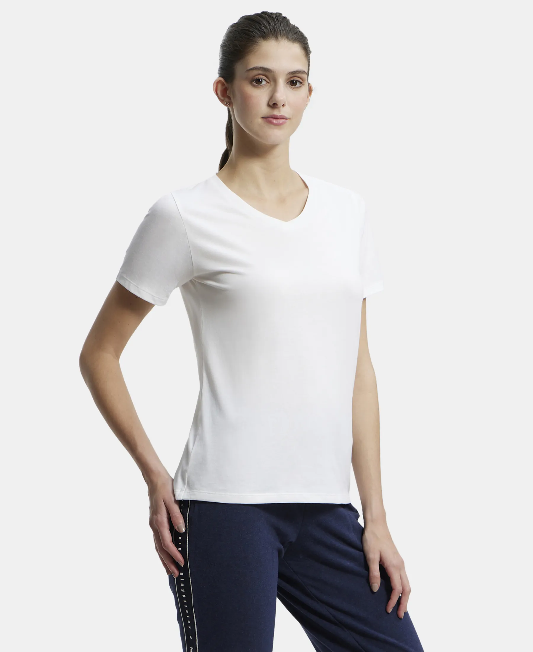 Super Combed Cotton Rich Fabric Relaxed Fit V-Neck Half Sleeve T-Shirt - White - Image 2