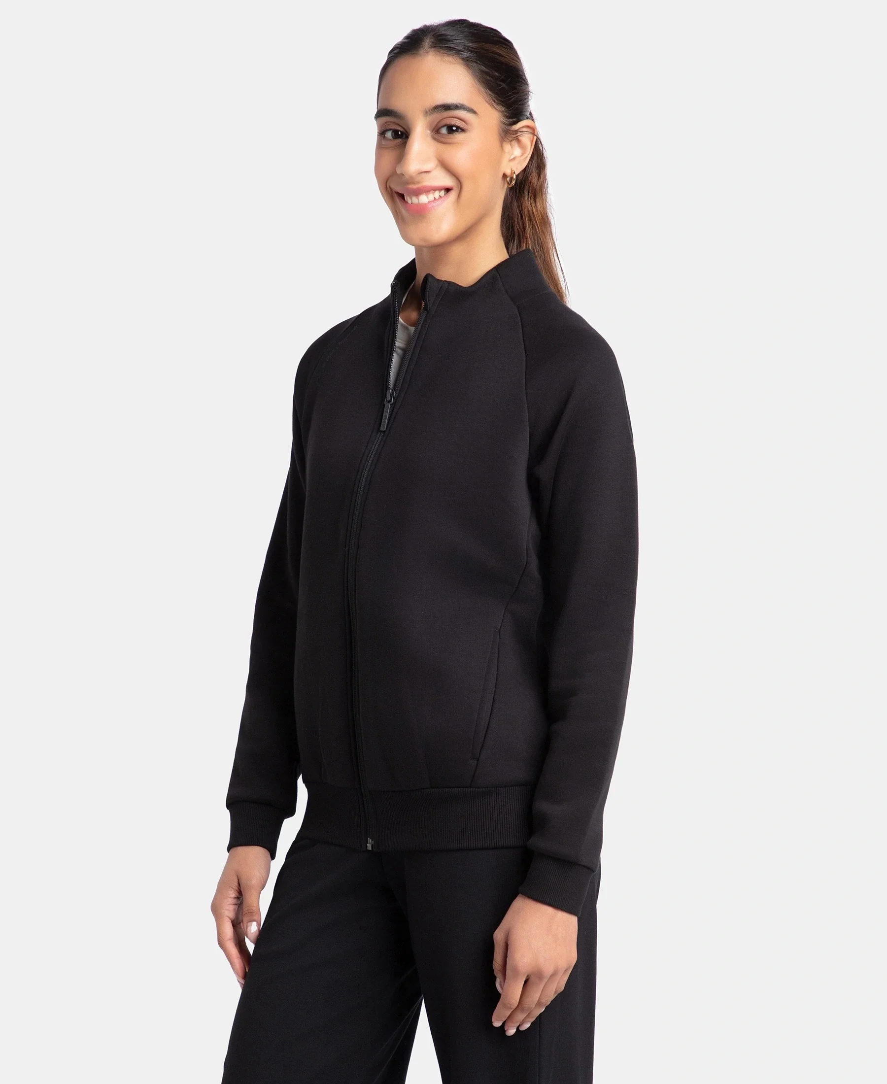 Super Combed Cotton Rich Fleece Fabric Full Zip High Neck Jacket with Front Pockets - Black - Image 2