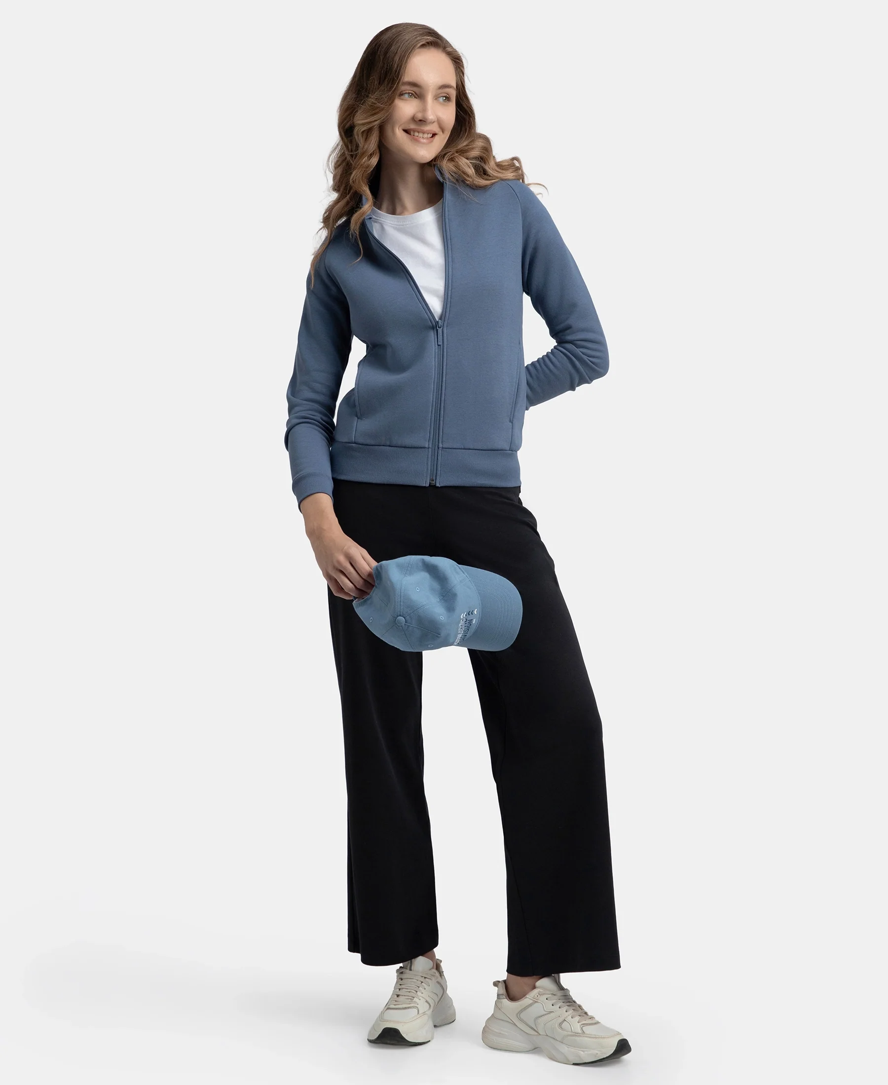 Super Combed Cotton Rich Fleece Fabric Full Zip High Neck Jacket with Front Pockets - Vintage Indigo - Image 6
