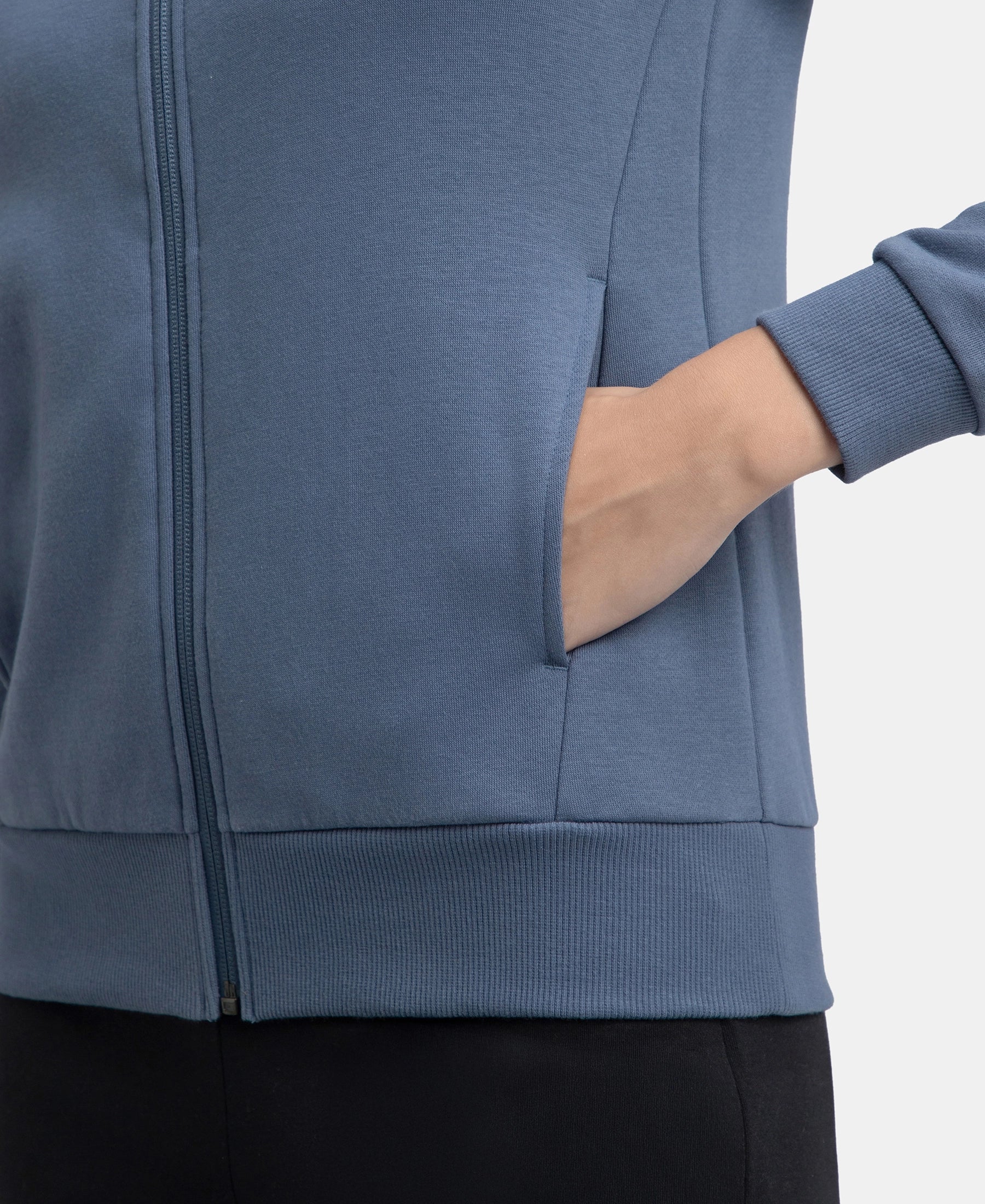 Super Combed Cotton Rich Fleece Fabric Full Zip High Neck Jacket with Front Pockets - Vintage Indigo - Image 8