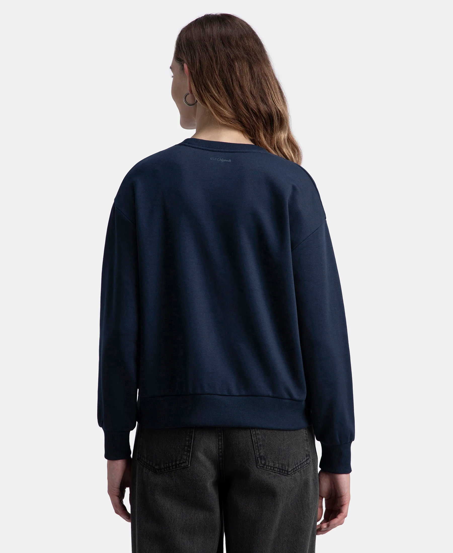 Super Combed Cotton Rich Fleece Fabric Oversized Printed Sweatshirt with StayWarm Tech - Navy - Image 3