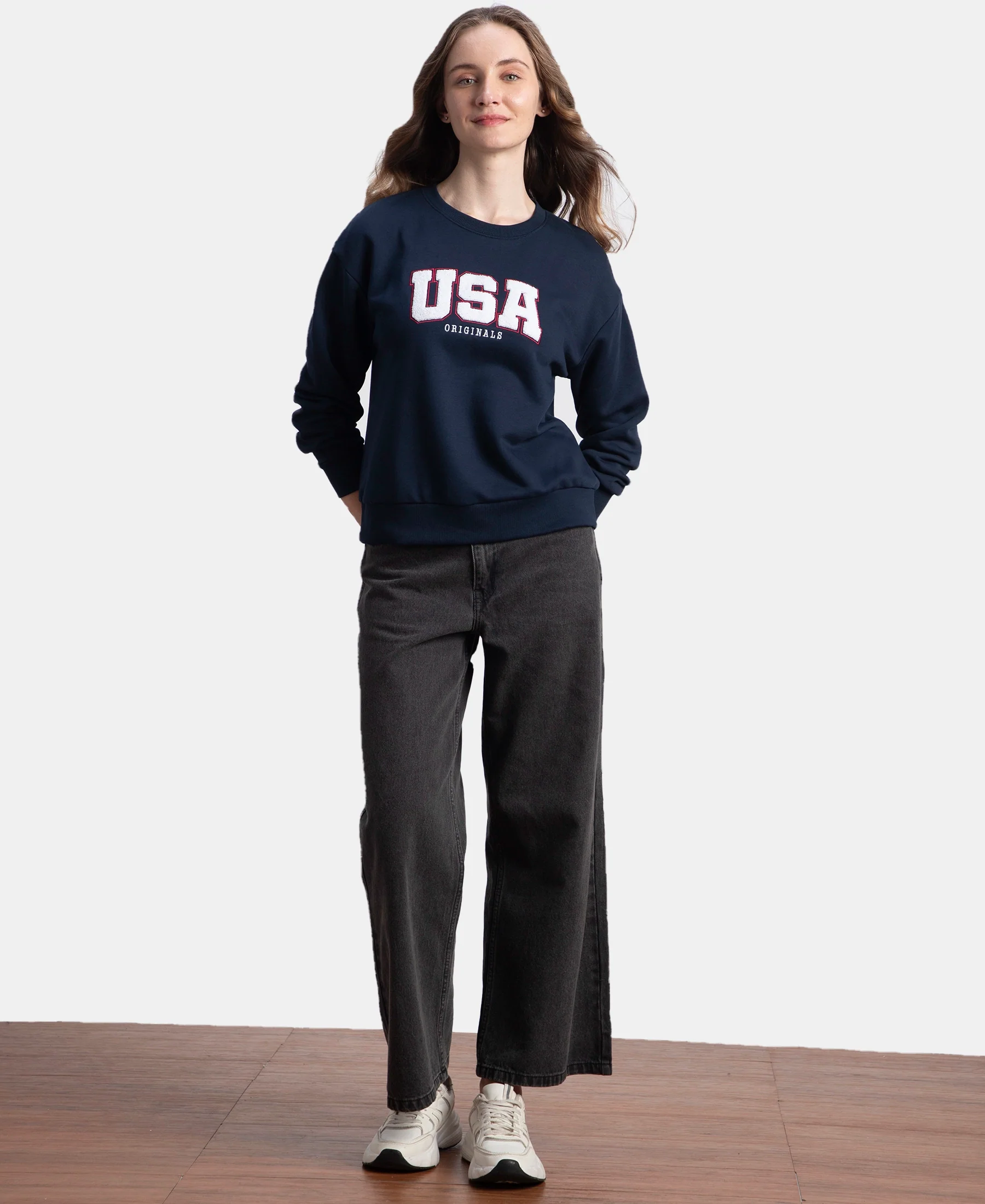 Super Combed Cotton Rich Fleece Fabric Oversized Printed Sweatshirt with StayWarm Tech - Navy - Image 4
