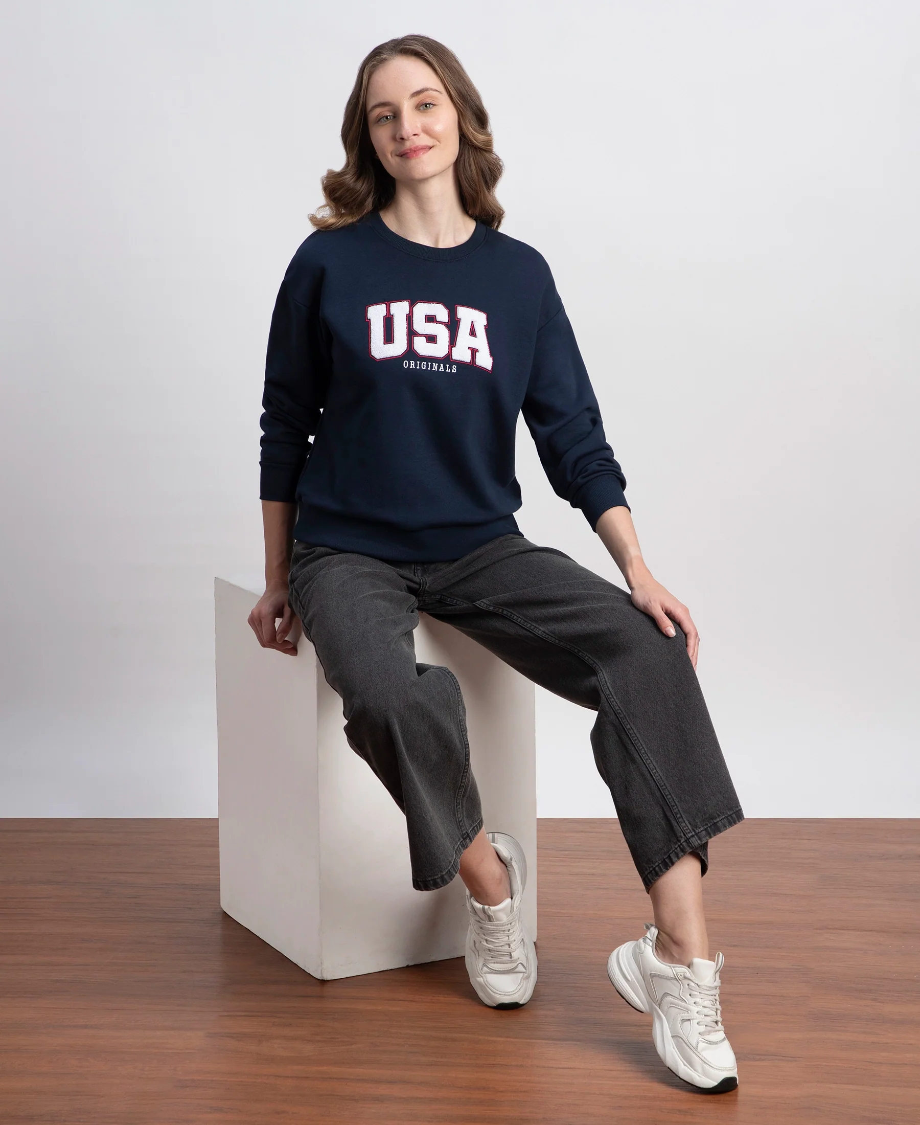 Super Combed Cotton Rich Fleece Fabric Oversized Printed Sweatshirt with StayWarm Tech - Navy - Image 6