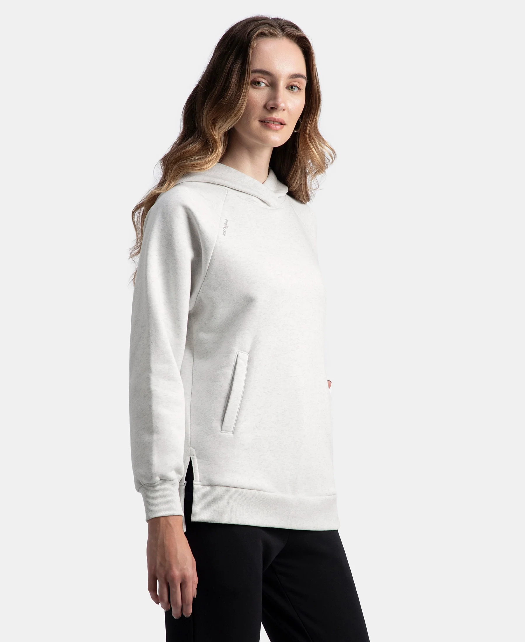 Super Combed Cotton Rich Fleece Fabric Raglan Sleeve Hoodie Sweatshirt - Off White Melange - Image 2