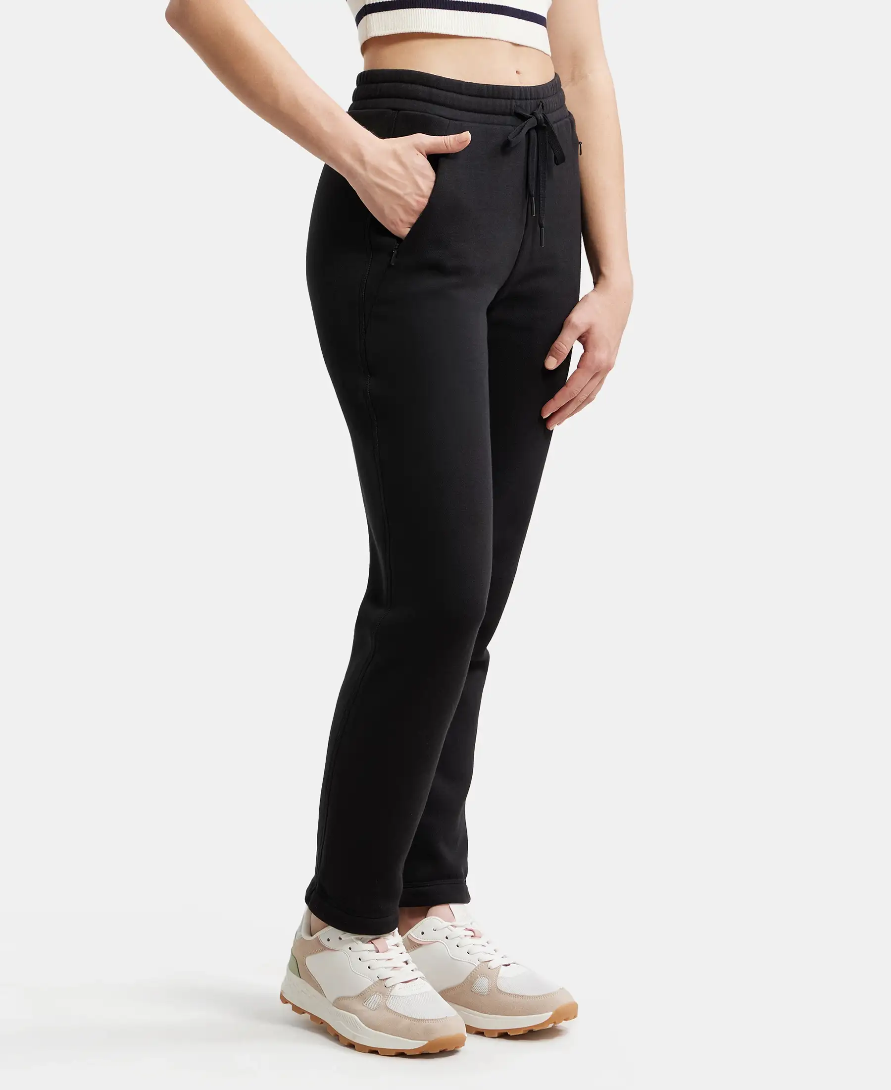 Super Combed Cotton Rich Fleece Fabric Straight Fit Trackpants with Zipper Pockets - Black - Image 2