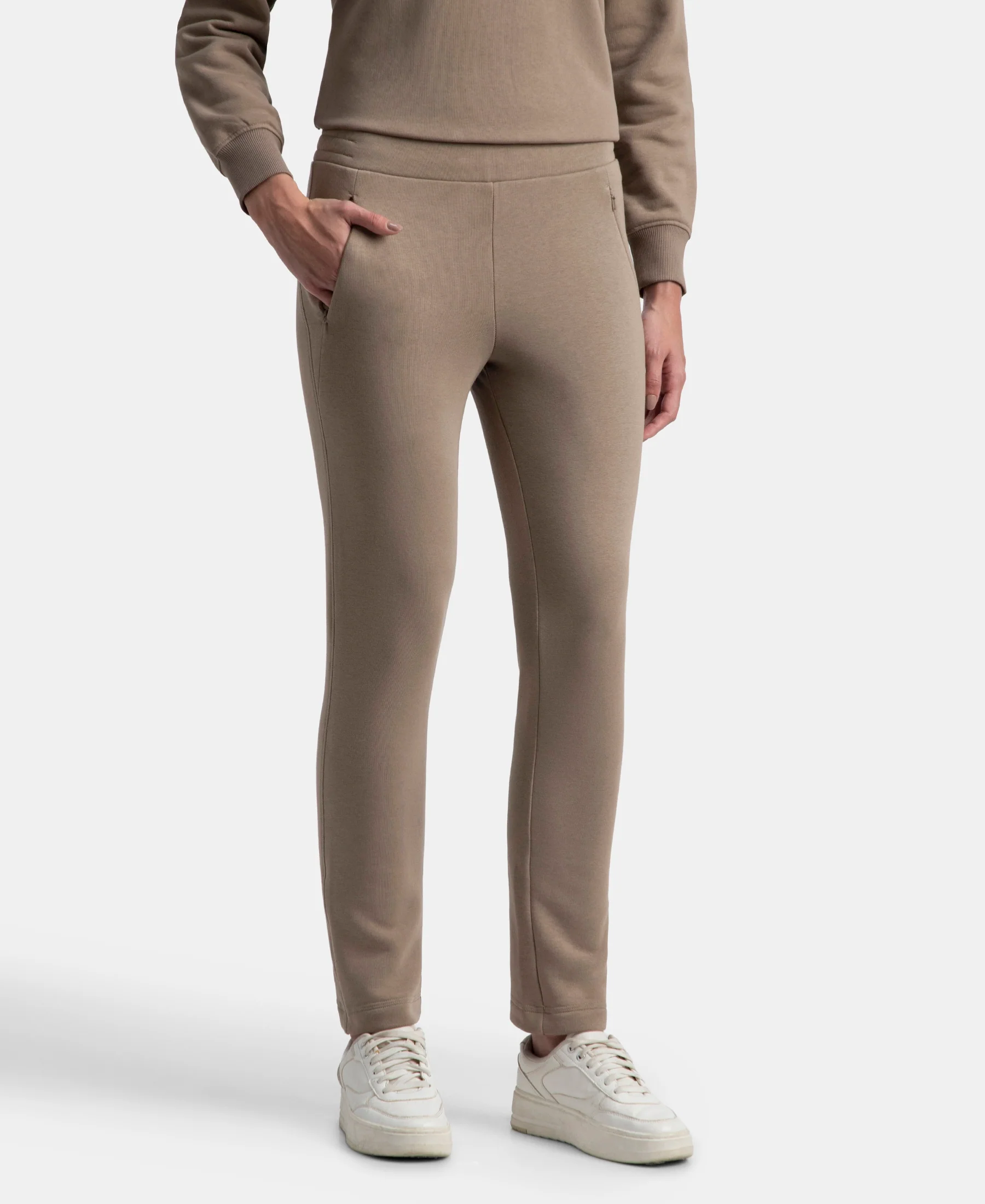 Super Combed Cotton Rich Fleece Fabric Straight Fit Trackpants with Zipper Pockets - Desert Taupe - Image 2