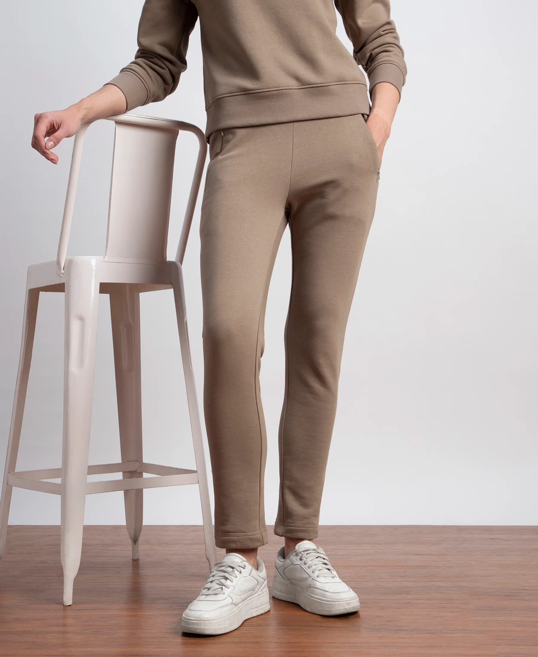 Super Combed Cotton Rich Fleece Fabric Straight Fit Trackpants with Zipper Pockets - Desert Taupe - Image 6