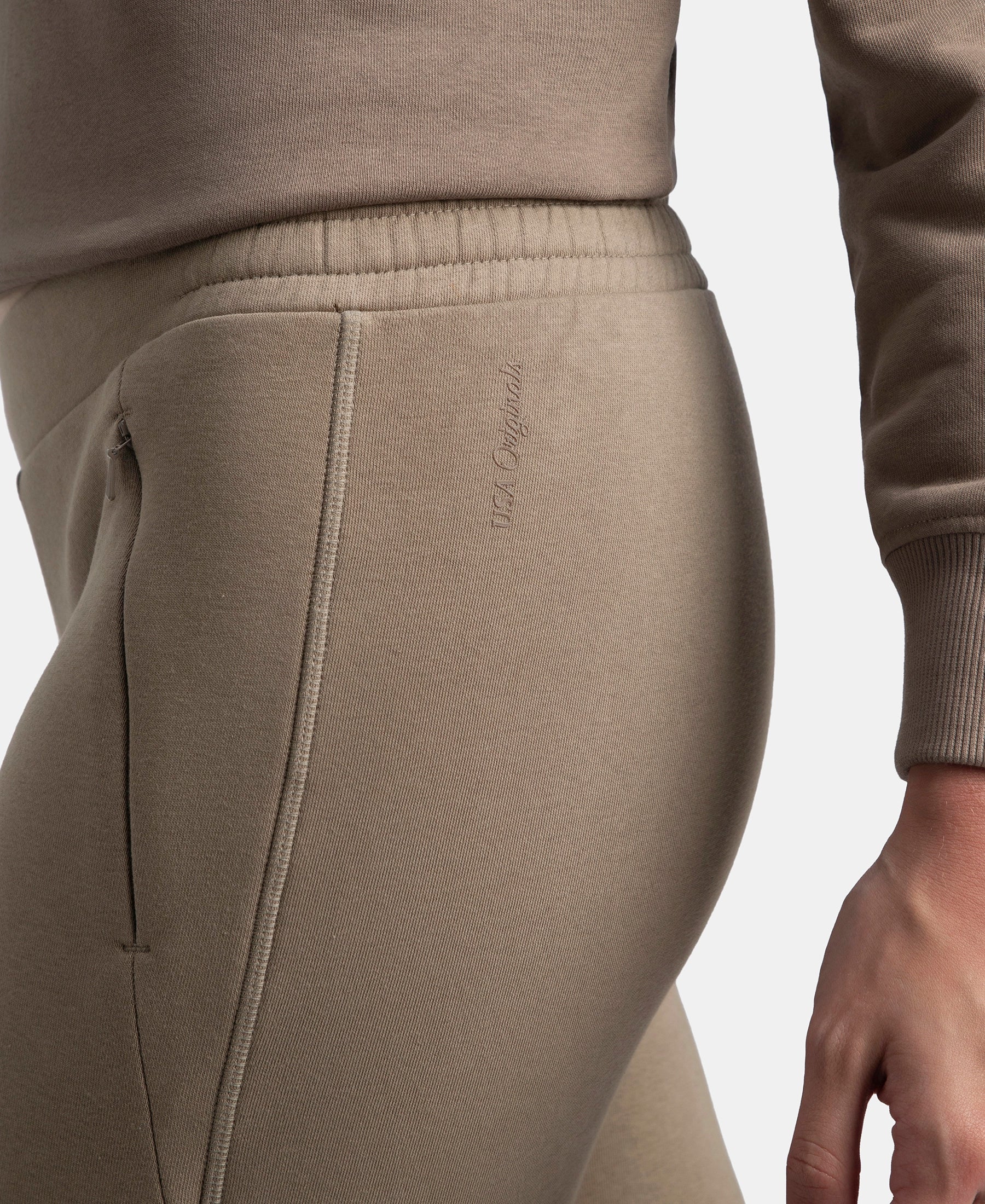 Super Combed Cotton Rich Fleece Fabric Straight Fit Trackpants with Zipper Pockets - Desert Taupe - Image 8