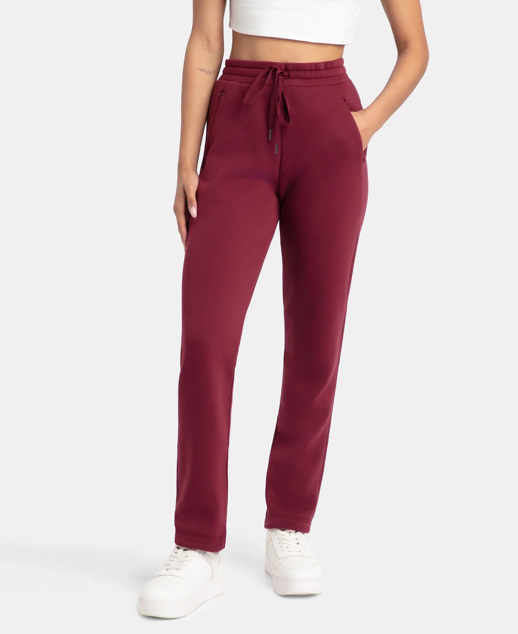 Super Combed Cotton Rich Fleece Fabric Straight Fit Trackpants with Zipper Pockets - Maroon Banner