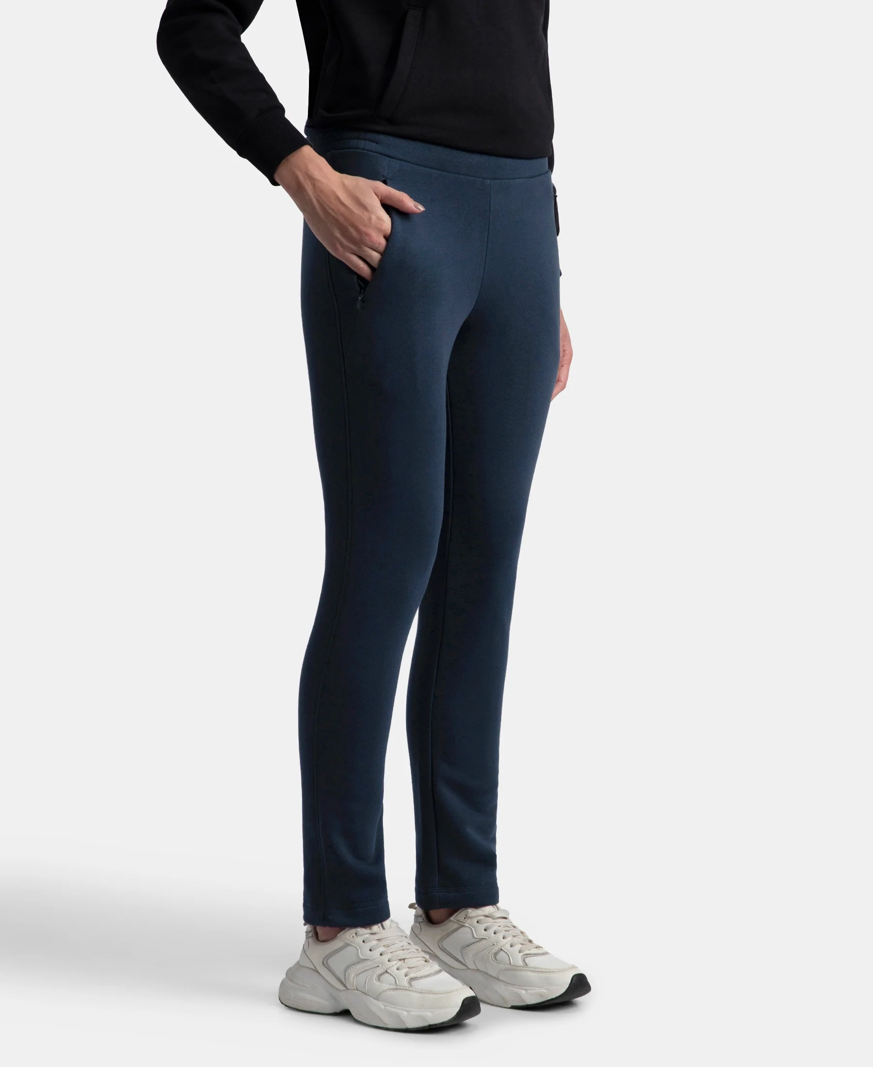 Super Combed Cotton Rich Fleece Fabric Straight Fit Trackpants with Zipper Pockets - Navy - Image 2