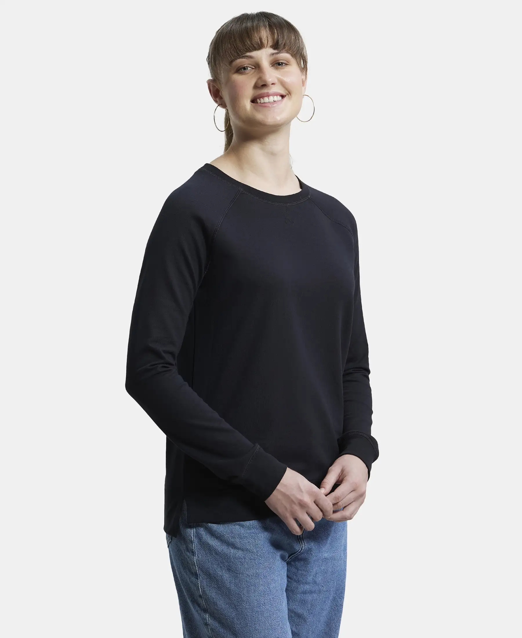 Super Combed Cotton Rich French Terry Fabric Solid Sweatshirt with Raglan Sleeve Styling - Black - Image 2