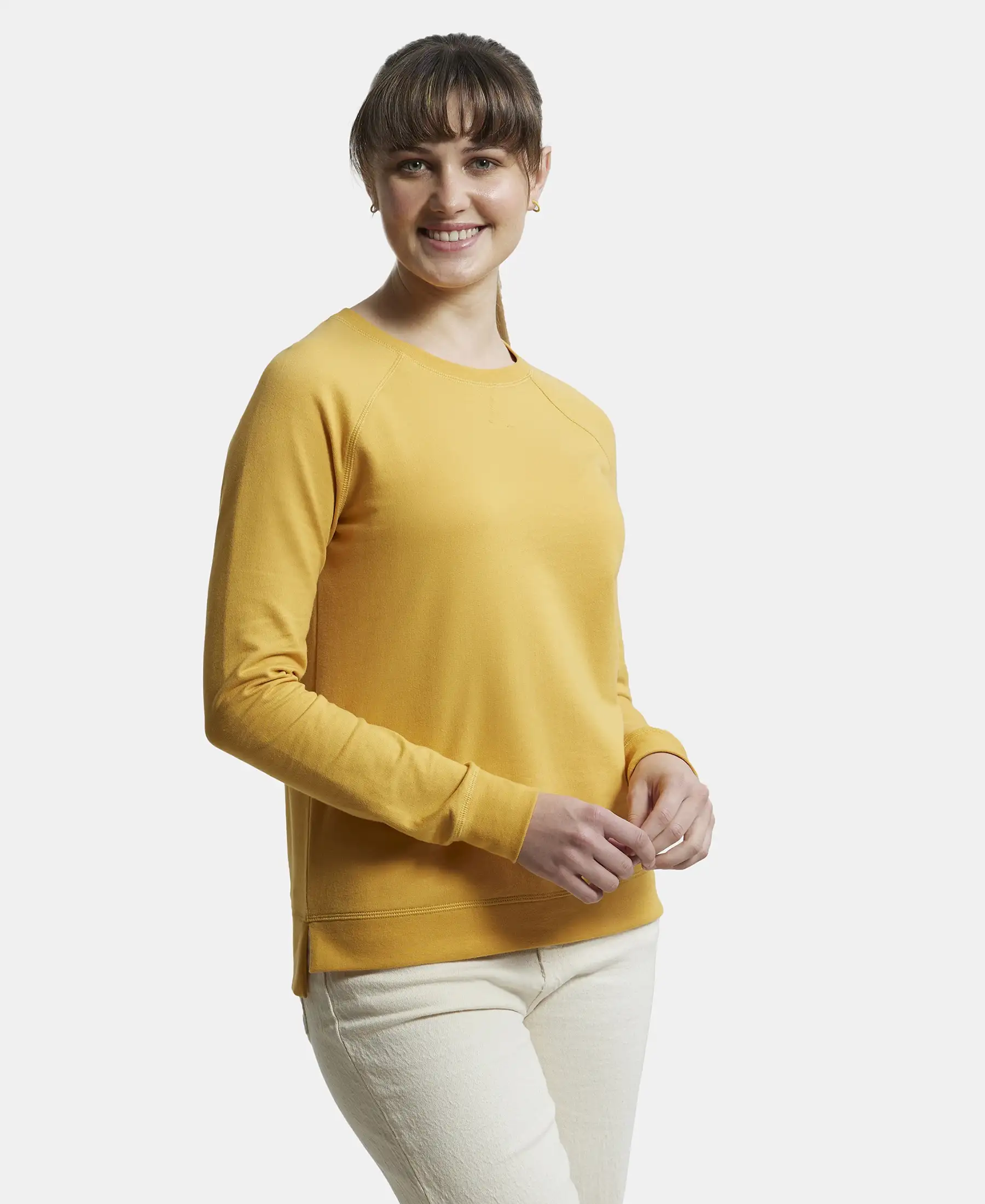 Super Combed Cotton Rich French Terry Fabric Solid Sweatshirt with Raglan Sleeve Styling - Honey Gold - Image 2