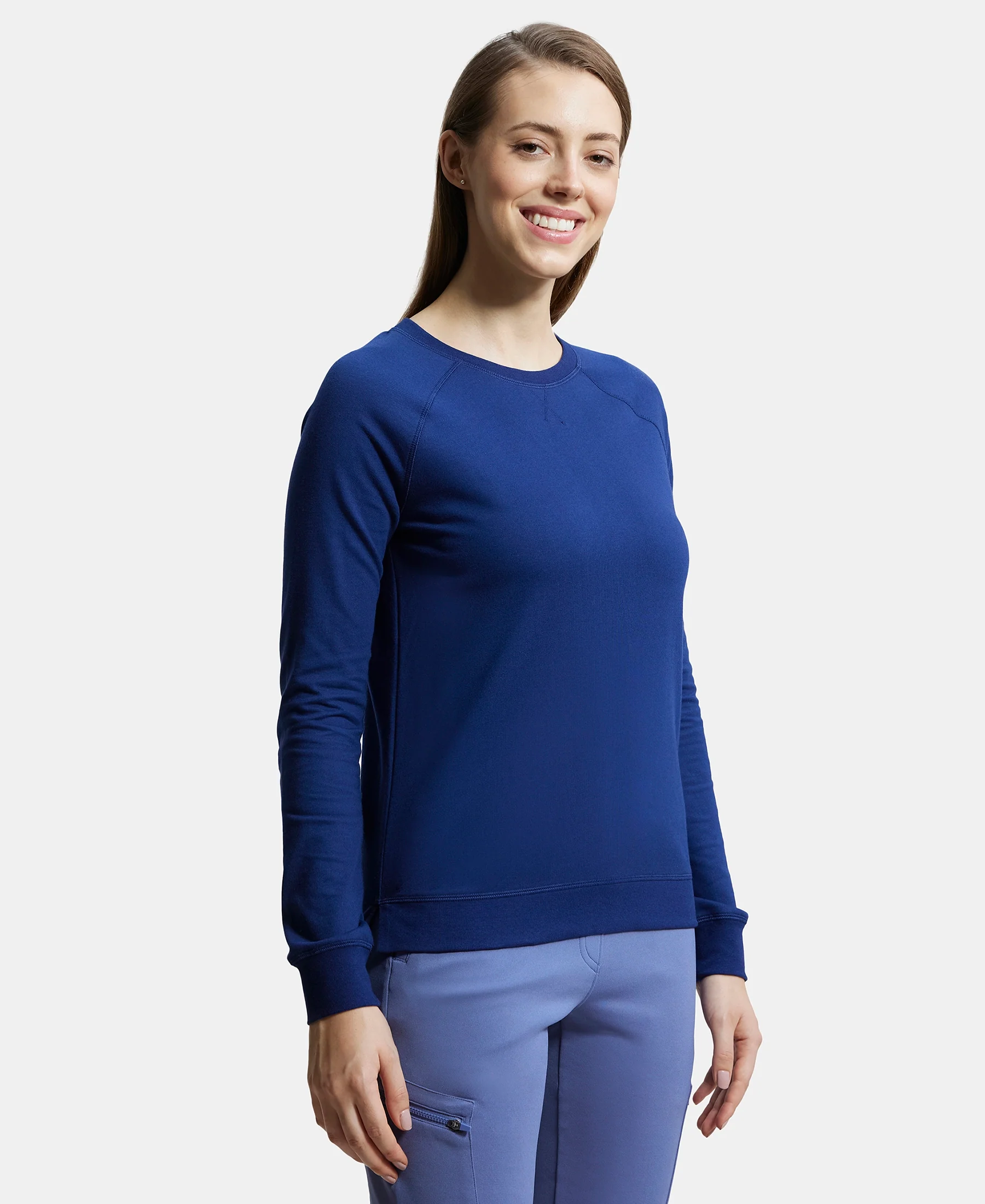 Super Combed Cotton Rich French Terry Fabric Solid Sweatshirt with Raglan Sleeve Styling - Medieval Blue - Image 2