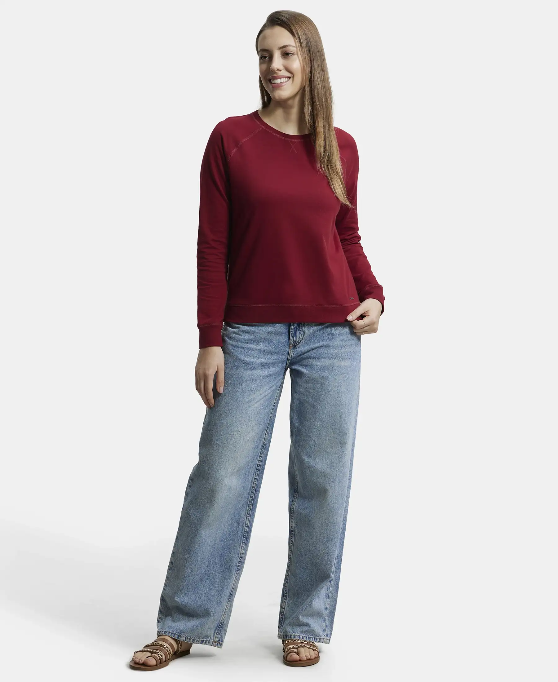 Super Combed Cotton Rich French Terry Fabric Solid Sweatshirt with Raglan Sleeve Styling - Rhubarb - Image 4