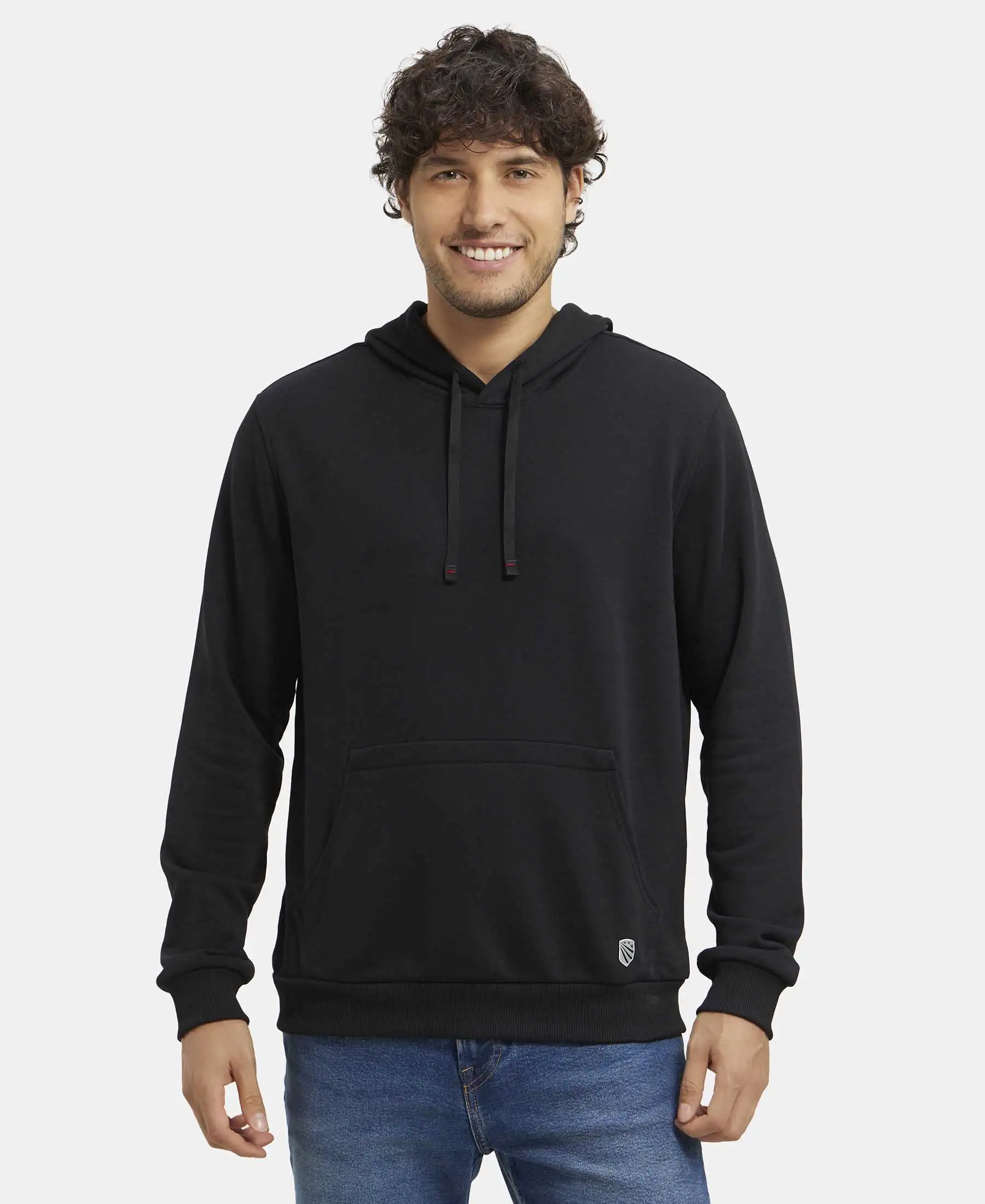 Super Combed Cotton Rich French Terry Hoodie Sweatshirt with Ribbed Cuffs - Black