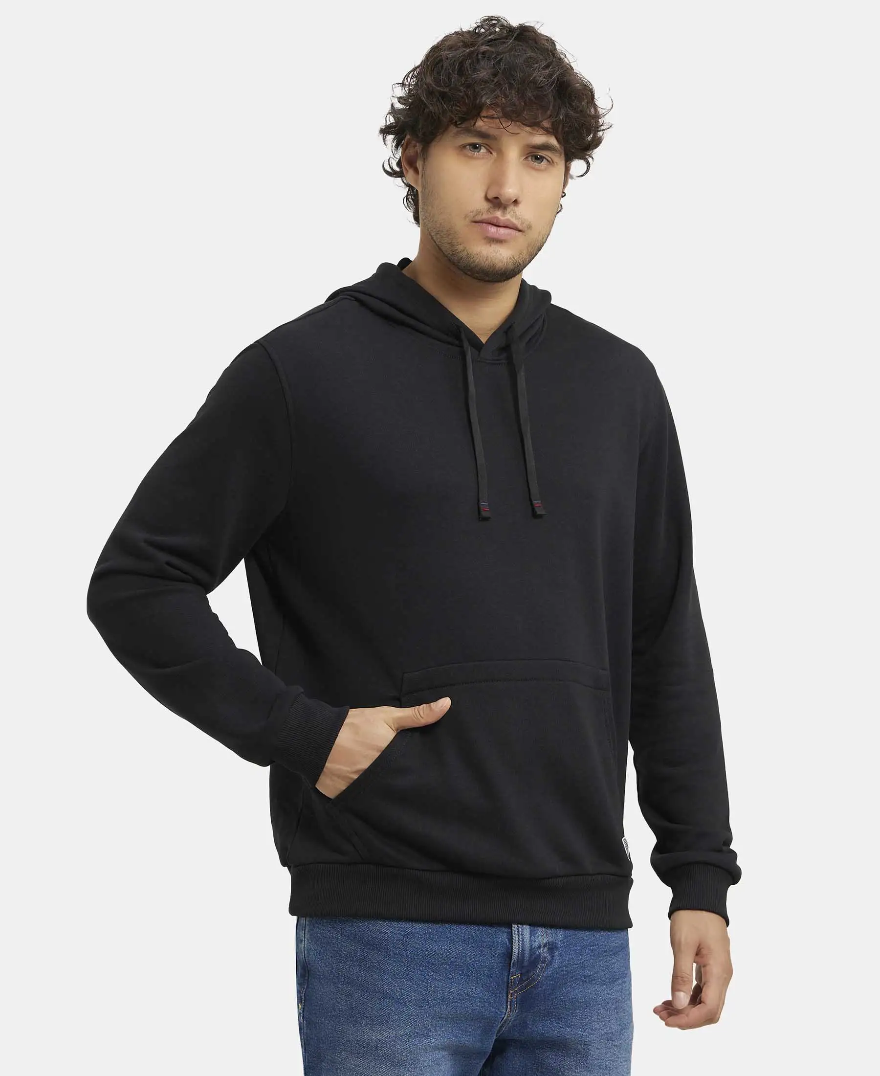 Super Combed Cotton Rich French Terry Hoodie Sweatshirt with Ribbed Cuffs - Black - Image 2