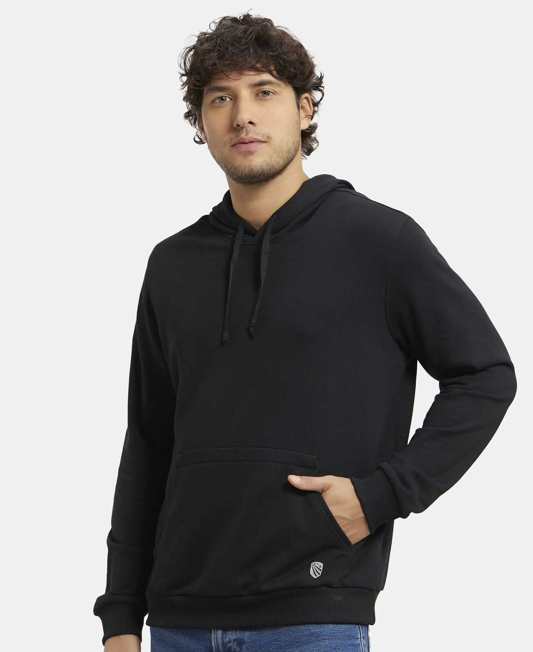 Super Combed Cotton Rich French Terry Hoodie Sweatshirt with Ribbed Cuffs - Black - Image 5