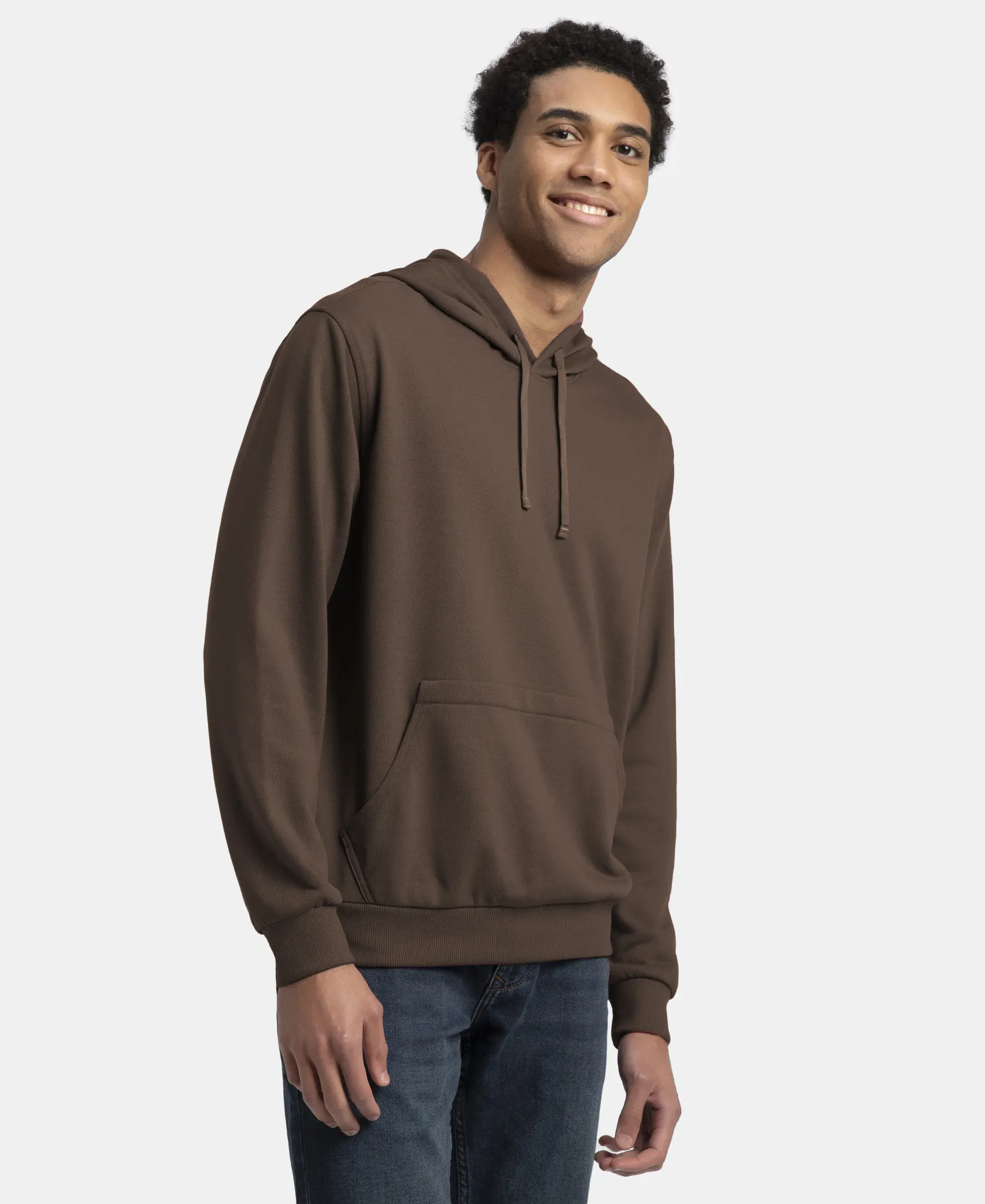 Super Combed Cotton Rich French Terry Hoodie Sweatshirt with Ribbed Cuffs - Dark Khaki - Image 2