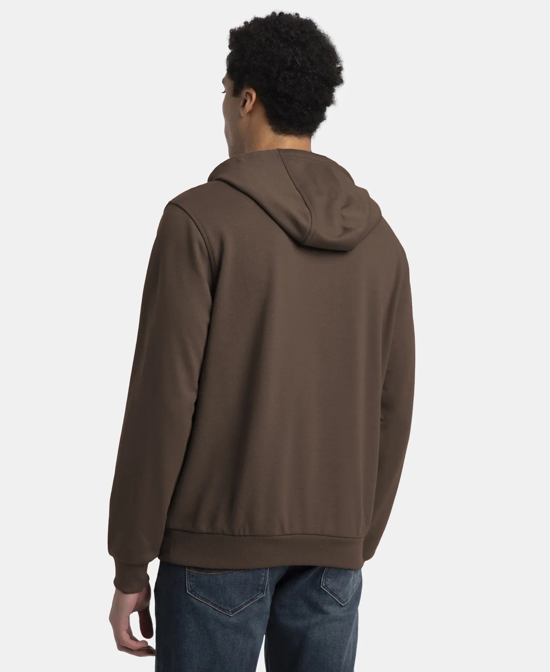 Super Combed Cotton Rich French Terry Hoodie Sweatshirt with Ribbed Cuffs - Dark Khaki - Image 3