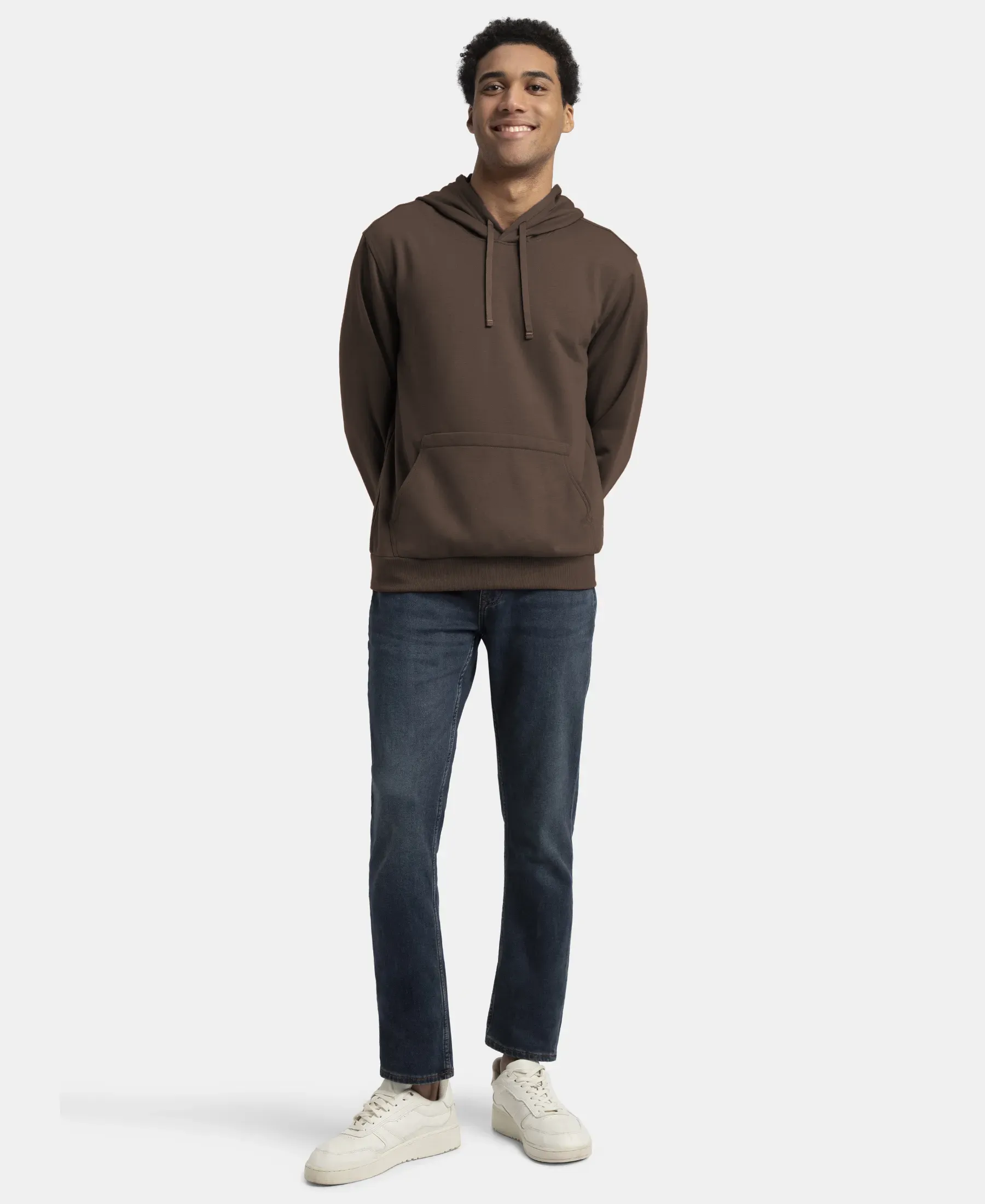 Super Combed Cotton Rich French Terry Hoodie Sweatshirt with Ribbed Cuffs - Dark Khaki - Image 4