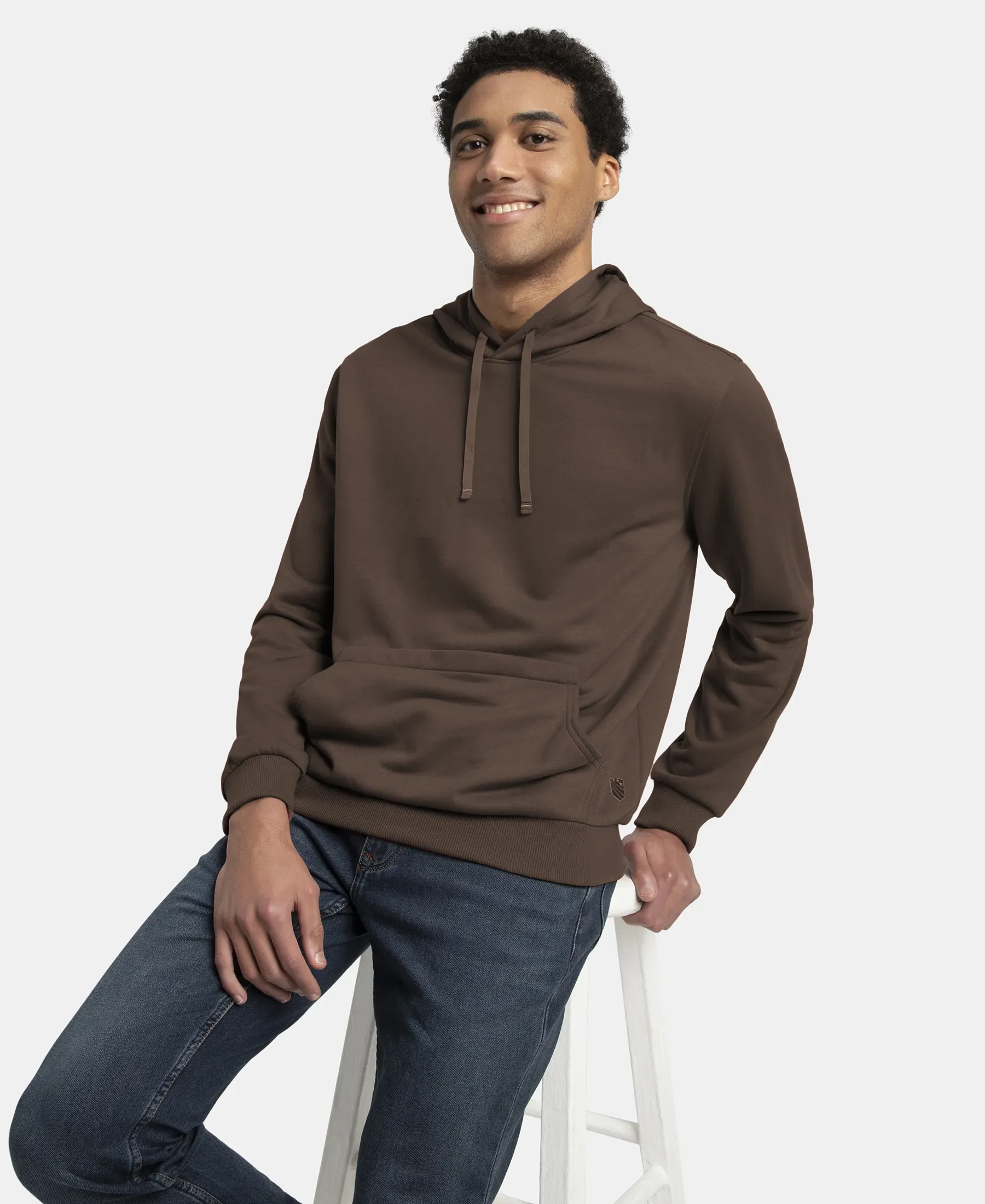 Super Combed Cotton Rich French Terry Hoodie Sweatshirt with Ribbed Cuffs - Dark Khaki - Image 5