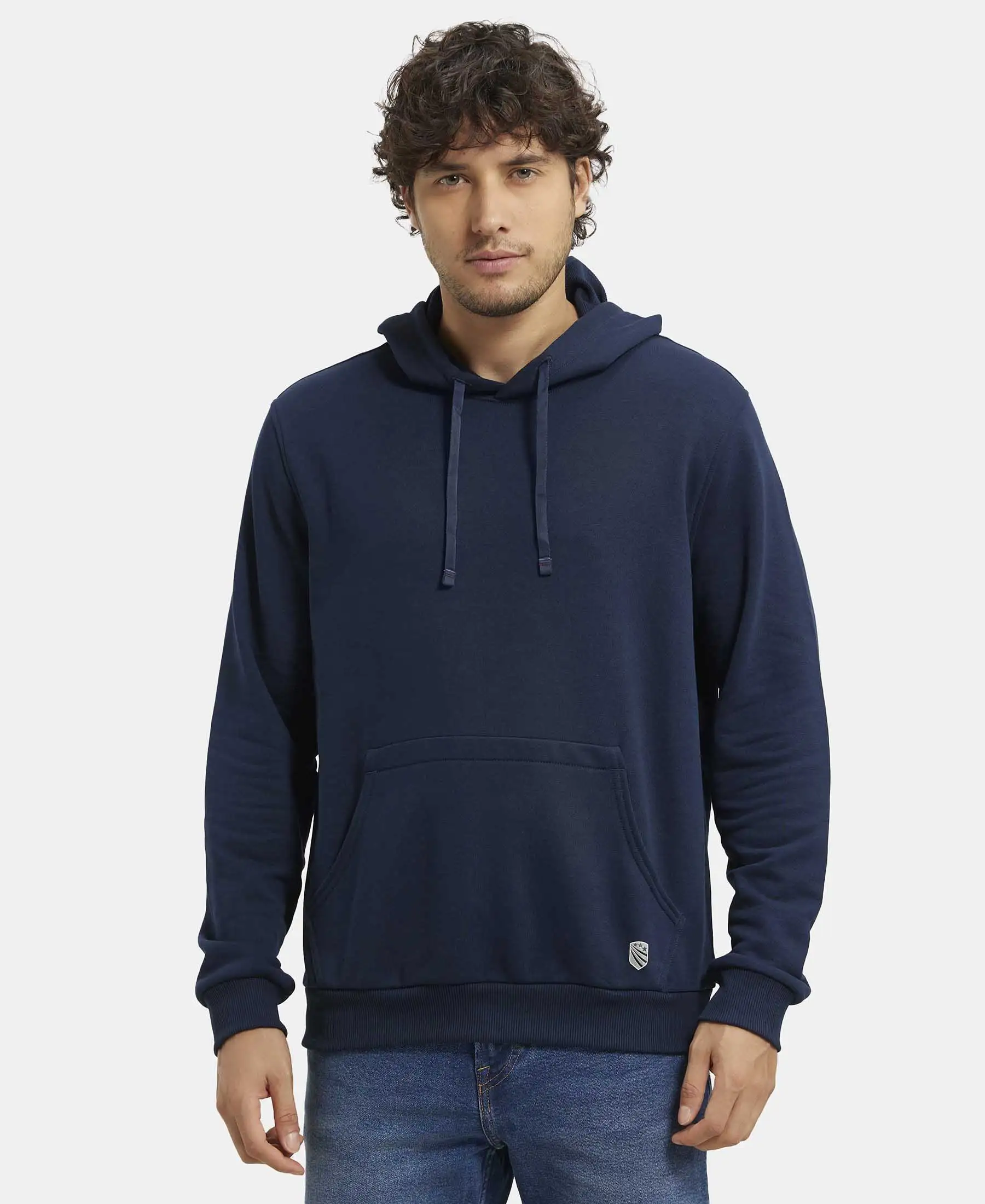 Super Combed Cotton Rich French Terry Hoodie Sweatshirt with Ribbed Cuffs - Navy