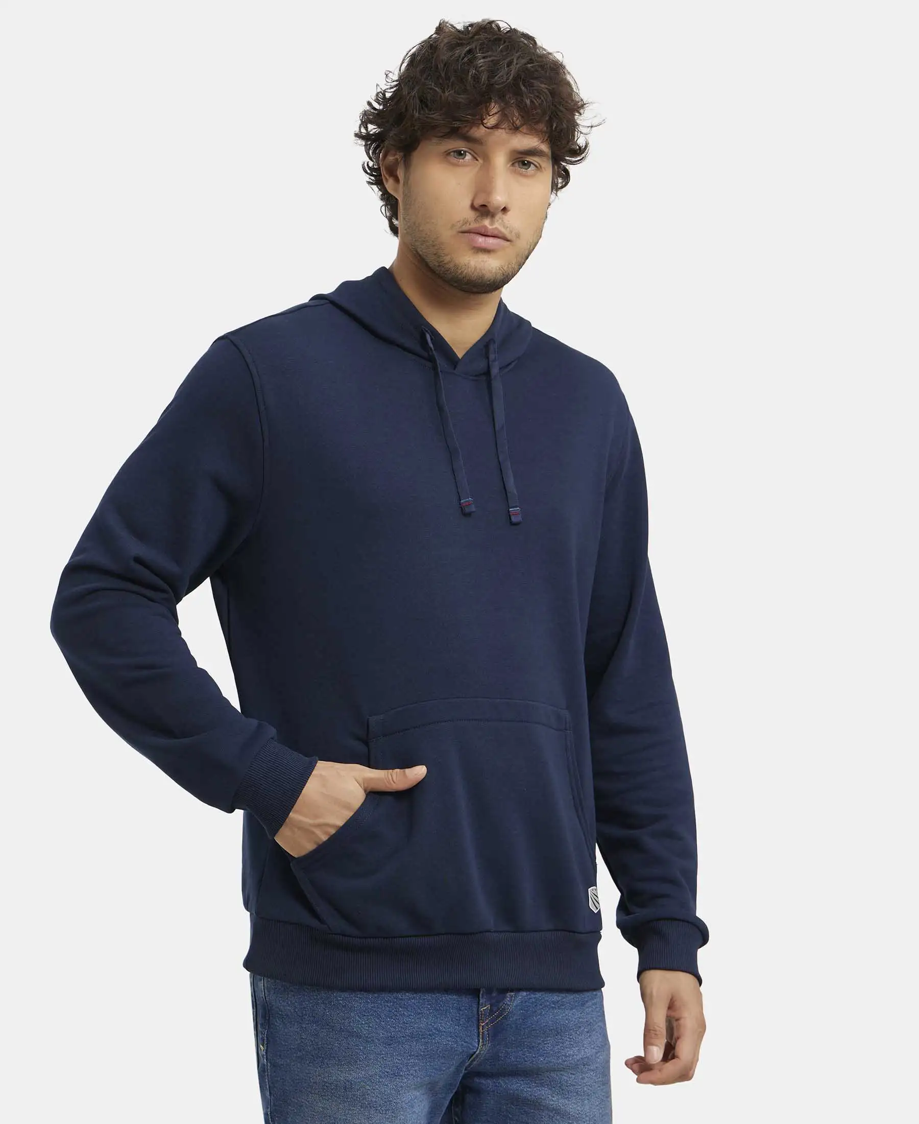 Super Combed Cotton Rich French Terry Hoodie Sweatshirt with Ribbed Cuffs - Navy - Image 2
