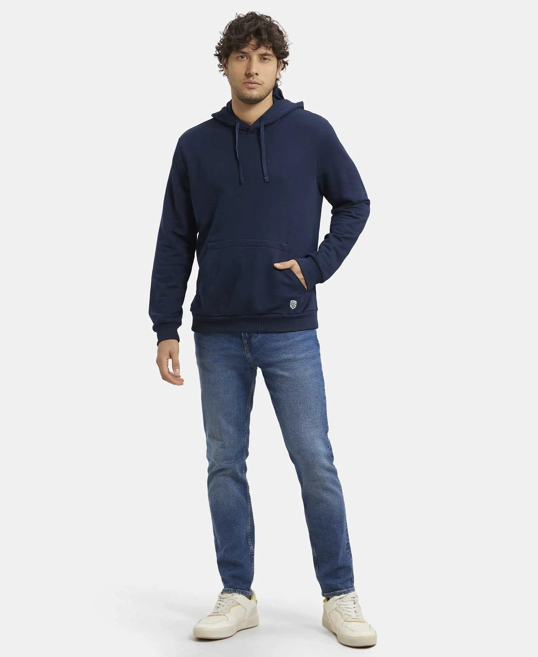 Super Combed Cotton Rich French Terry Hoodie Sweatshirt with Ribbed Cuffs - Navy - Image 4