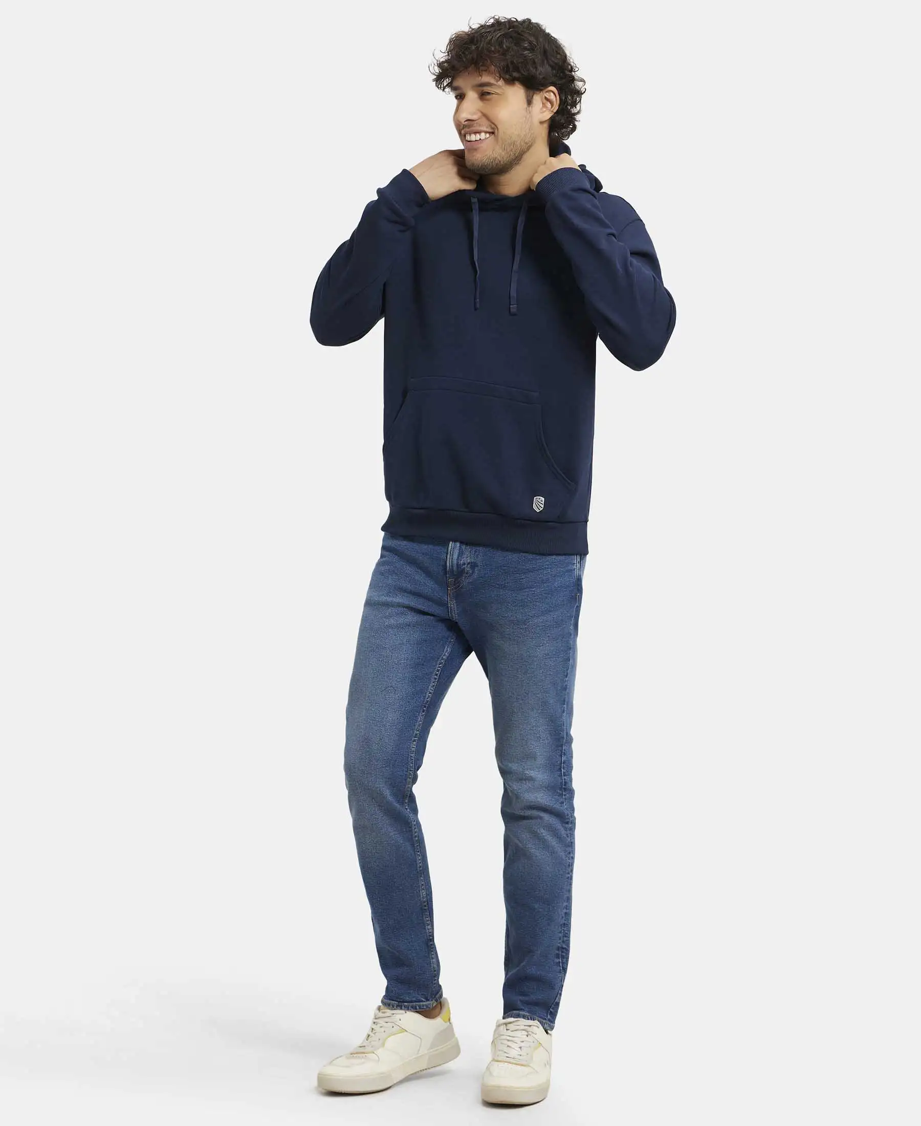 Super Combed Cotton Rich French Terry Hoodie Sweatshirt with Ribbed Cuffs - Navy - Image 6