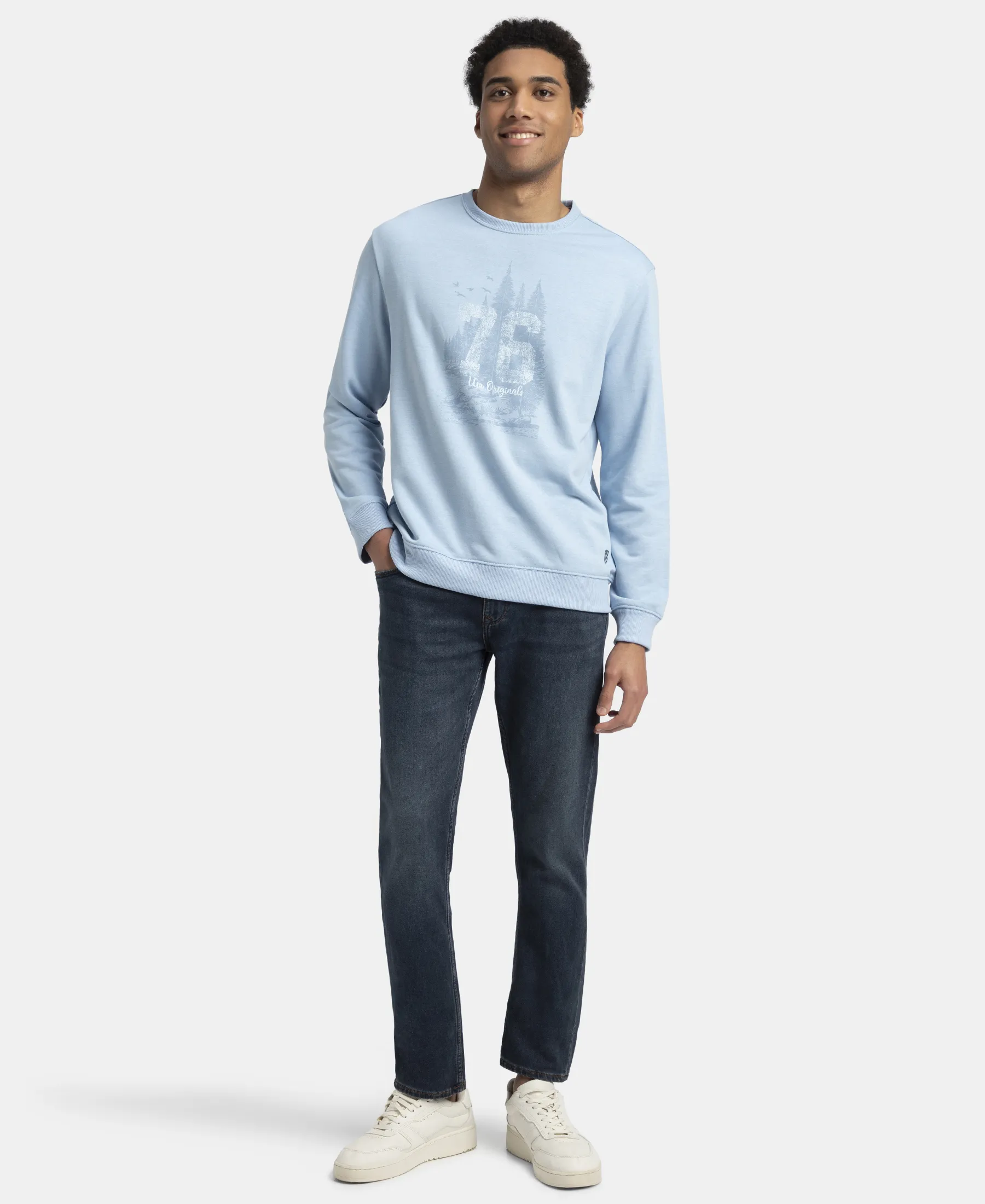Super Combed Cotton Rich French Terry Printed Sweatshirt with Ribbed Cuffs - Powder Blue - Image 4