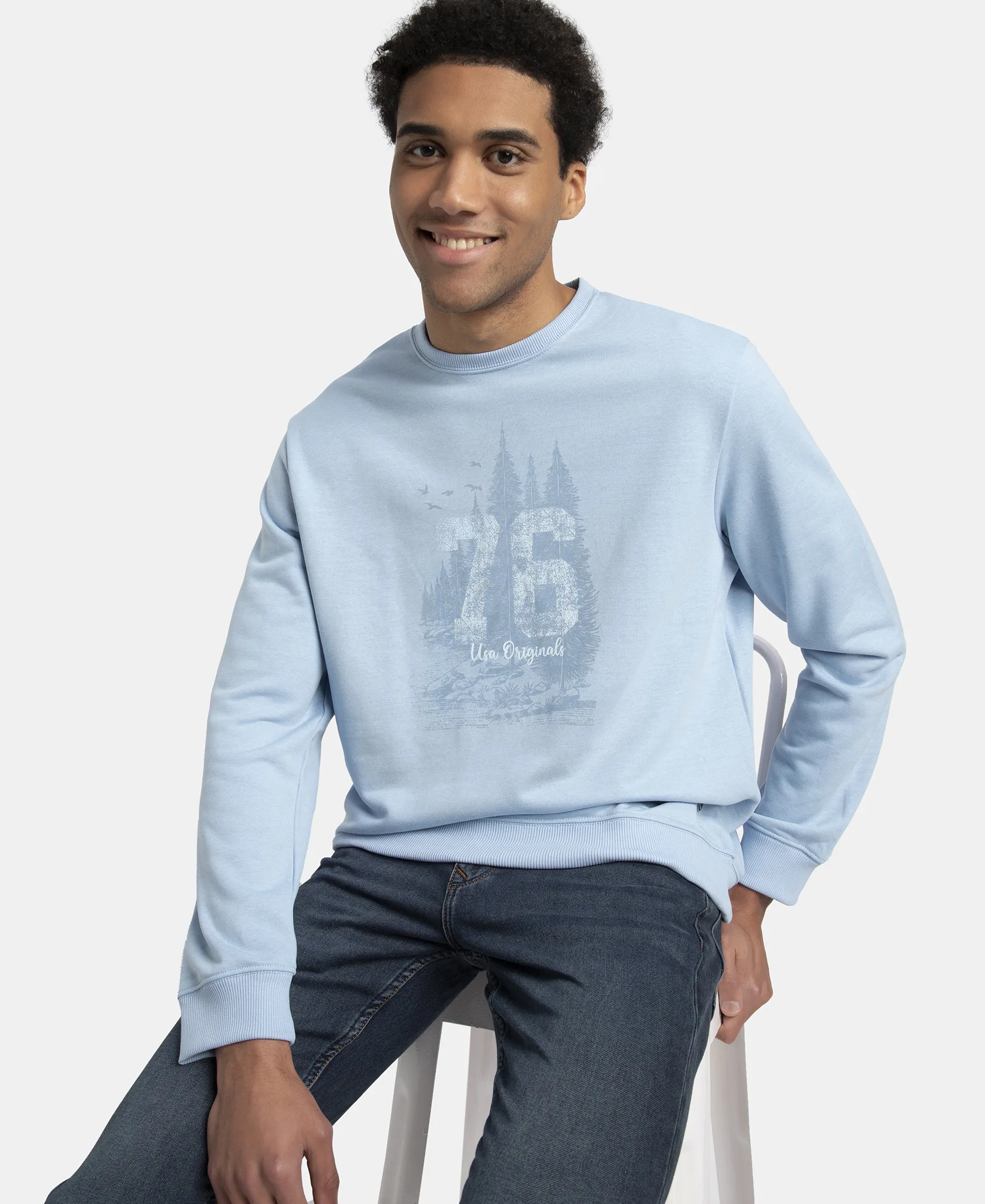 Super Combed Cotton Rich French Terry Printed Sweatshirt with Ribbed Cuffs - Powder Blue - Image 5
