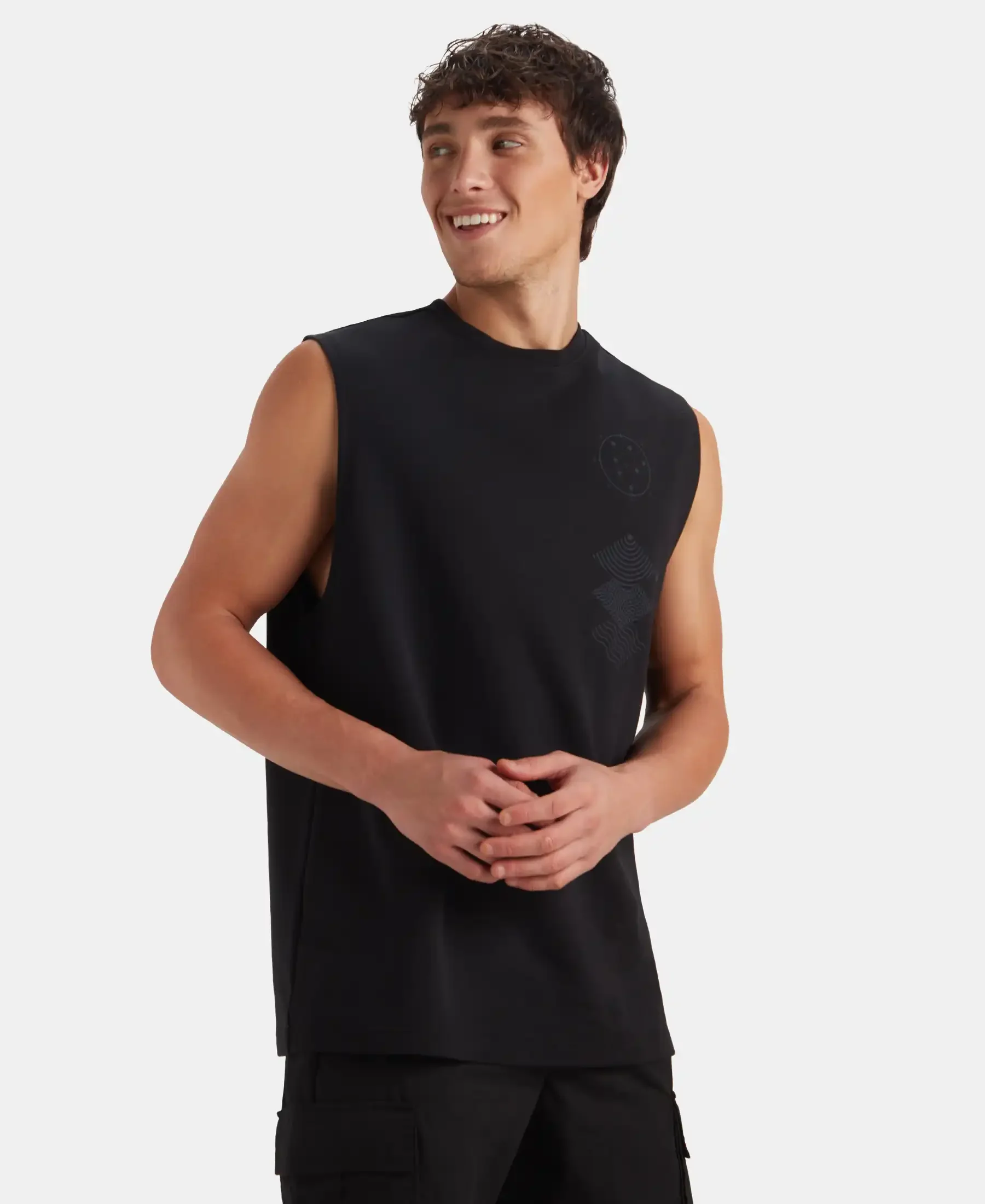Super Combed Cotton Rich Graphic Print Oversized Tank Top - Deep Black - Image 4