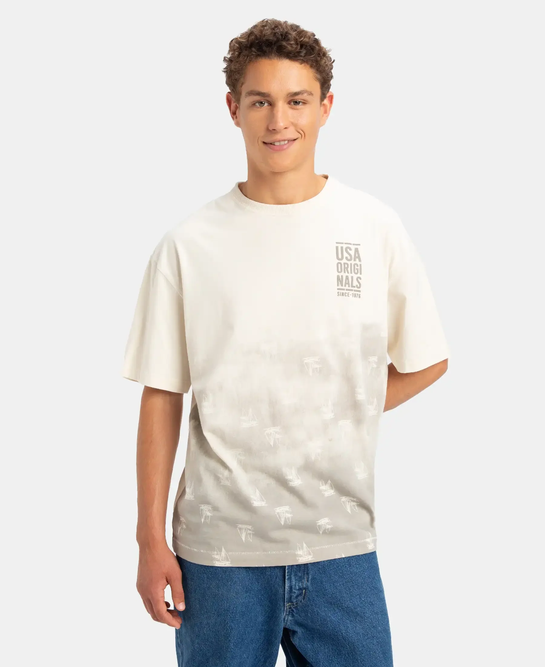 Super Combed Cotton Rich Graphic Printed Oversized T-Shirt - Almond Milk USA - Image 5