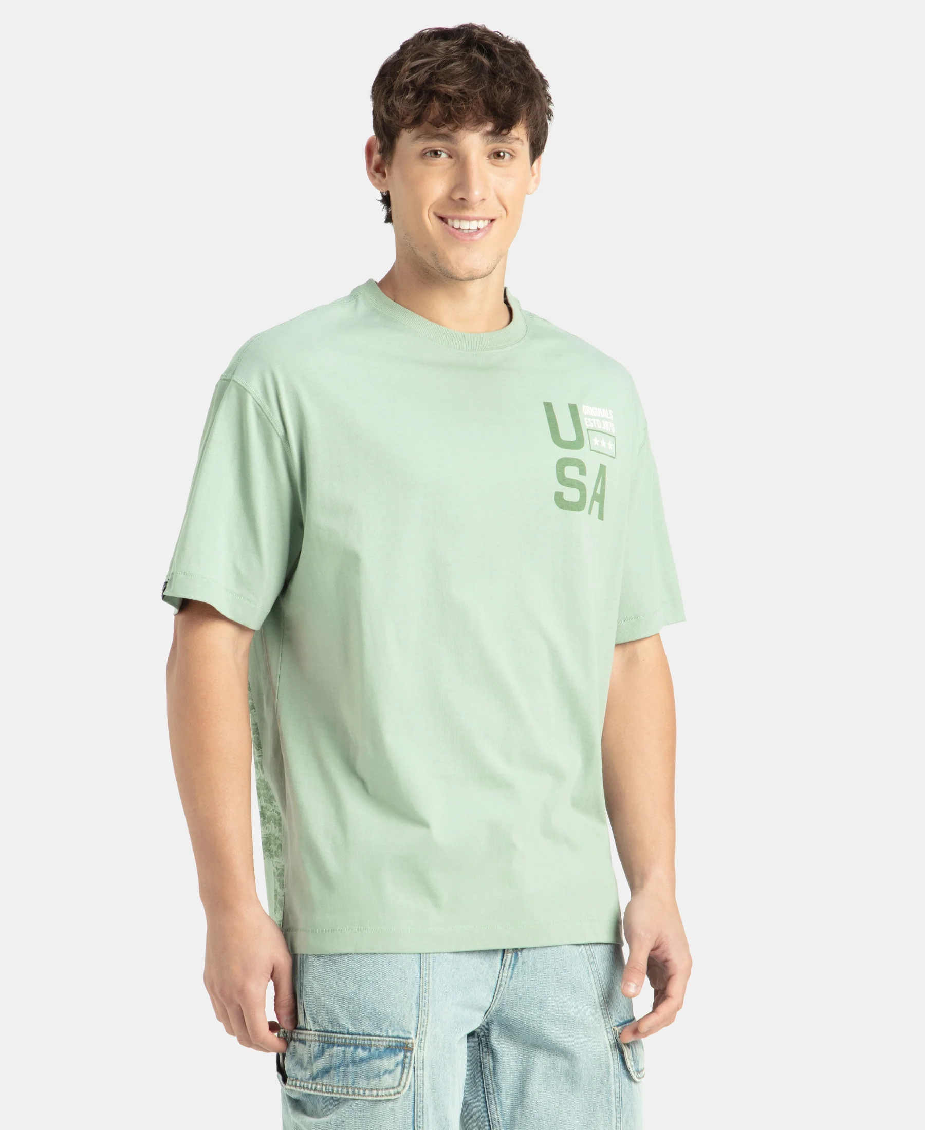 Super Combed Cotton Rich Graphic Printed Oversized T-Shirt - Iceberg Green USA - Image 2