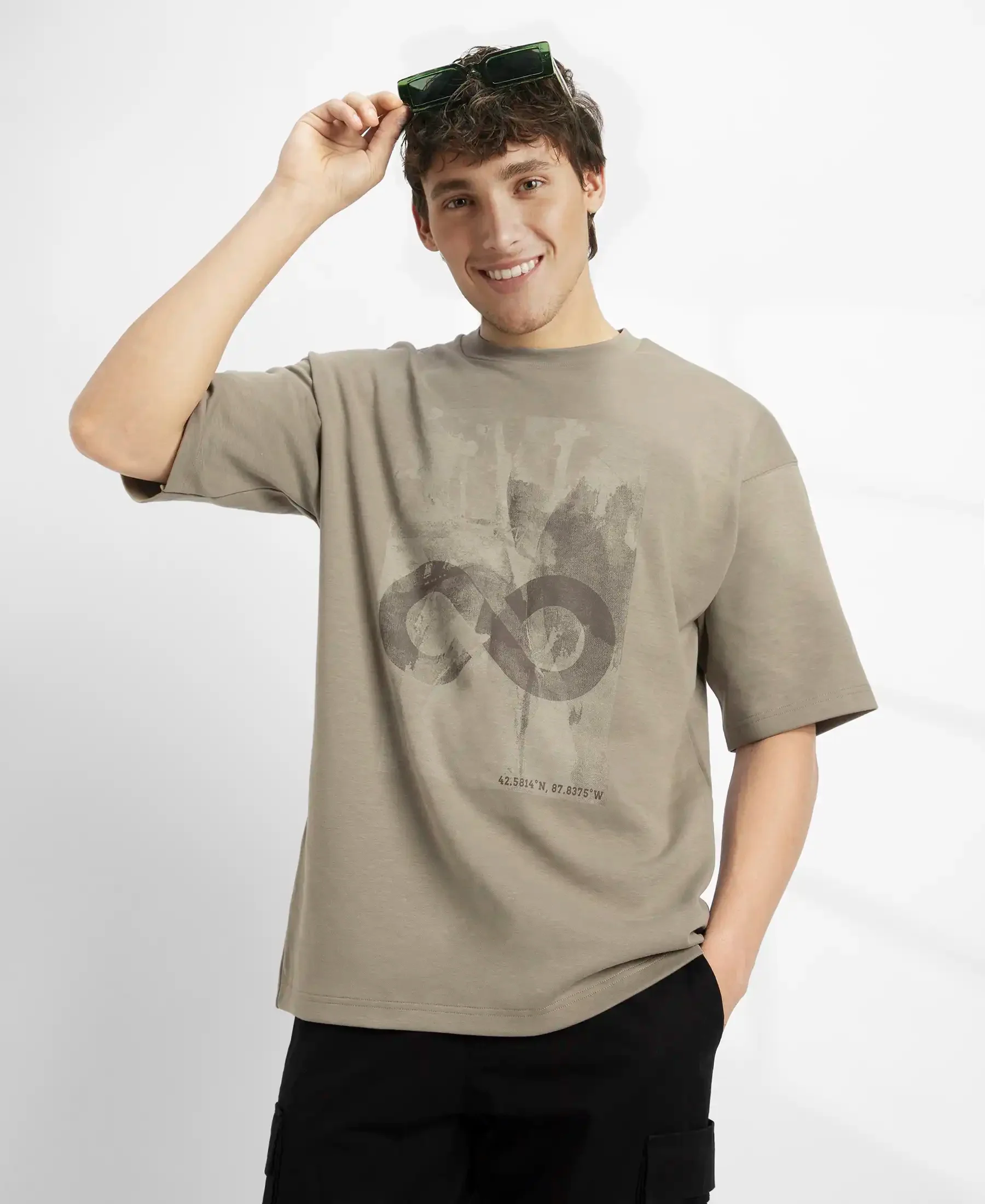 Super Combed Cotton Rich Graphic Printed Oversized T-Shirt - Vetiver - Image 5