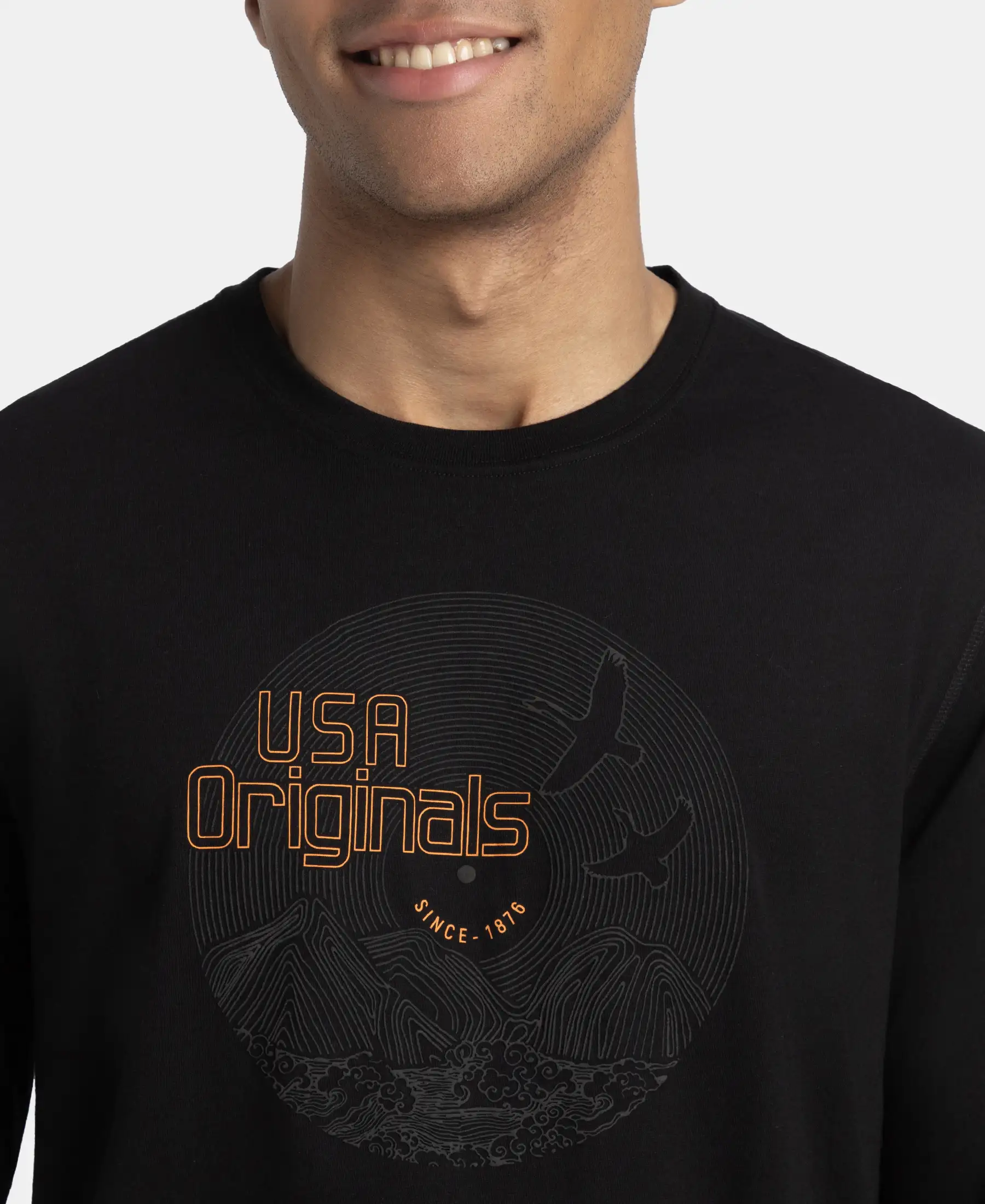 Super Combed Cotton Rich Graphic Printed Round Neck Full Sleeve T-Shirt - Black USA - Image 6
