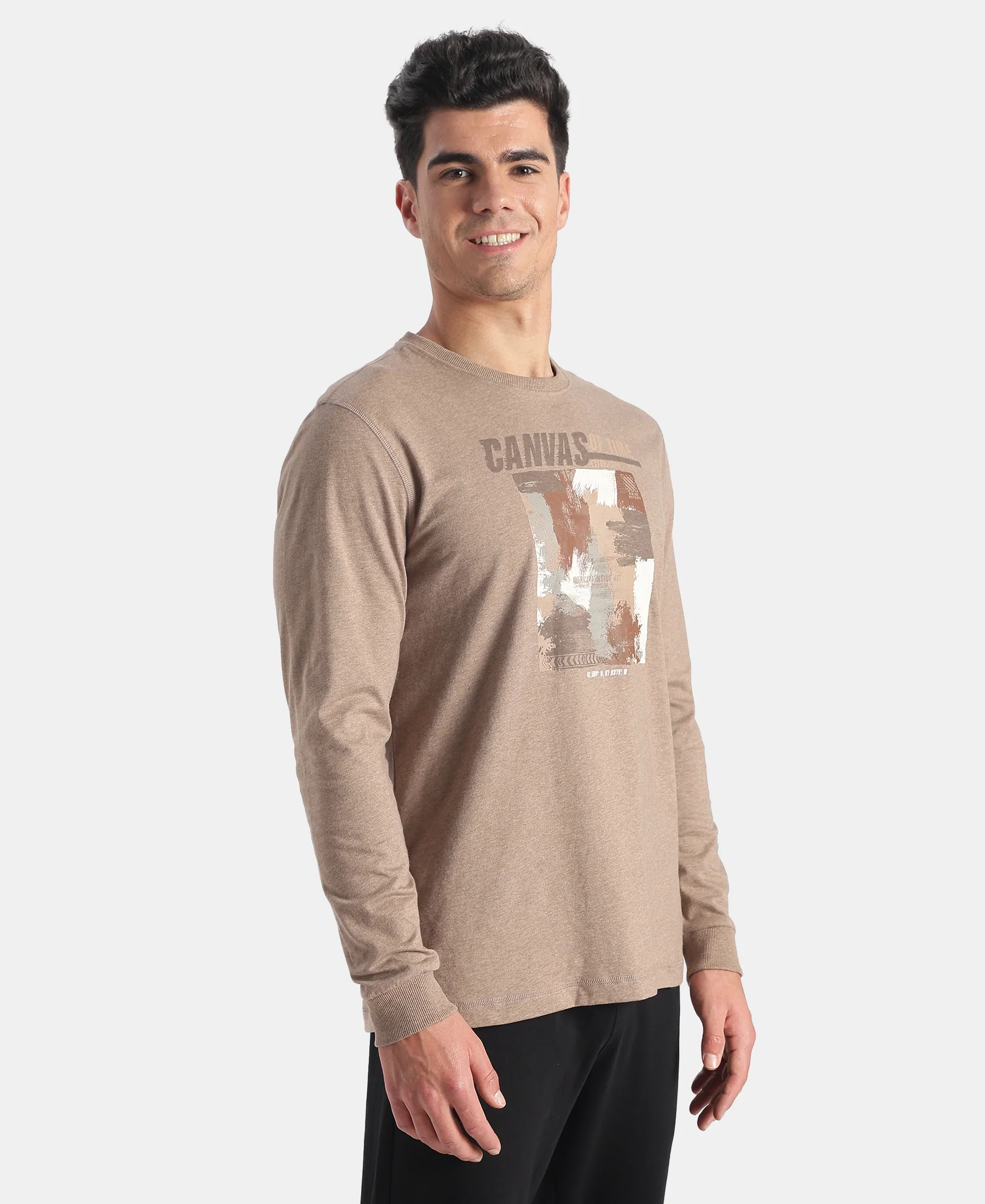 Super Combed Cotton Rich Graphic Printed Round Neck Full Sleeve T-Shirt - Brownie Melange - Image 2