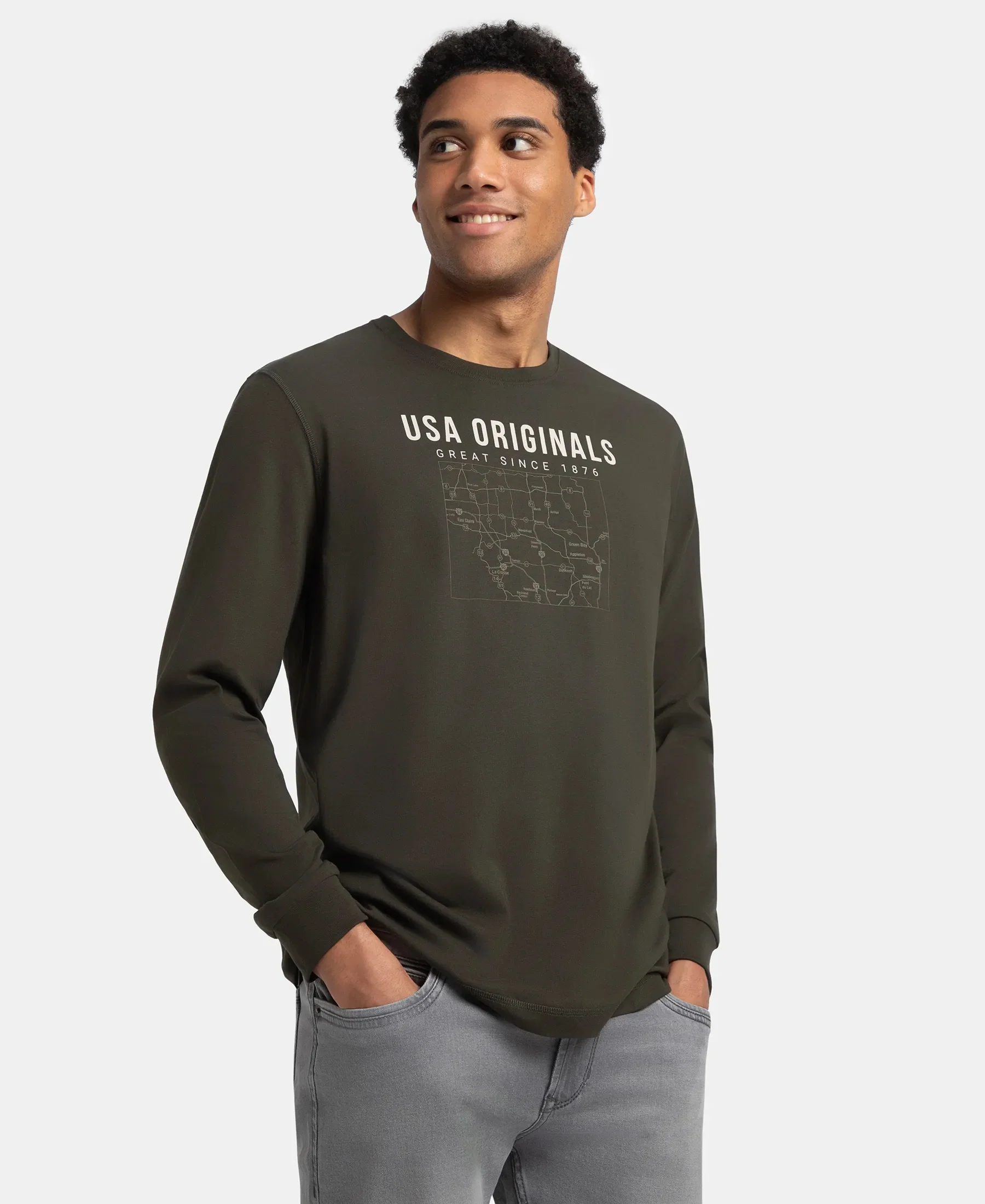 Super Combed Cotton Rich Graphic Printed Round Neck Full Sleeve T-Shirt - Deep Olive USA - Image 5